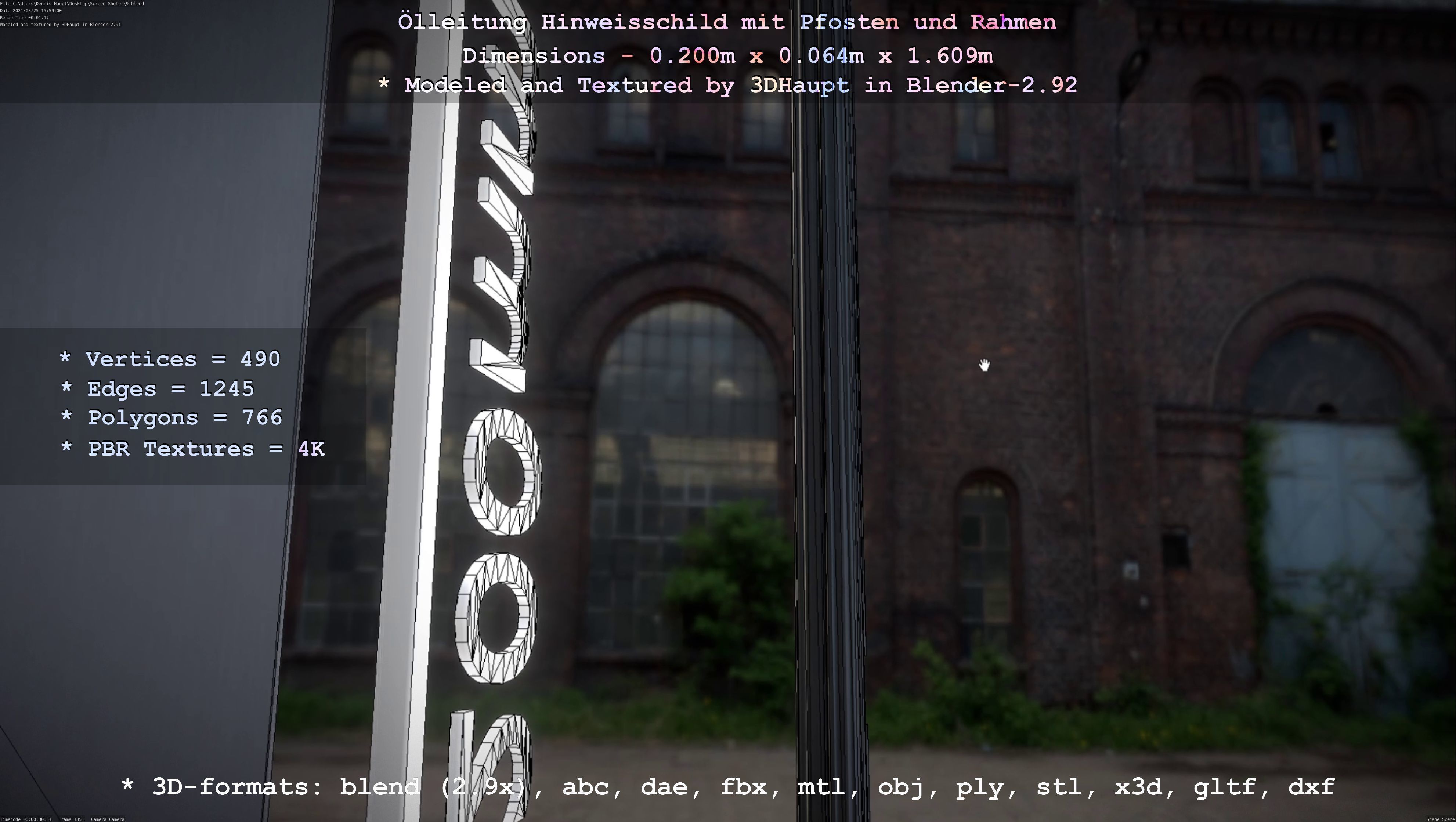 Hinweisschild Oelleitung mit Pfosten und Rahmen Low-poly 3D model_48