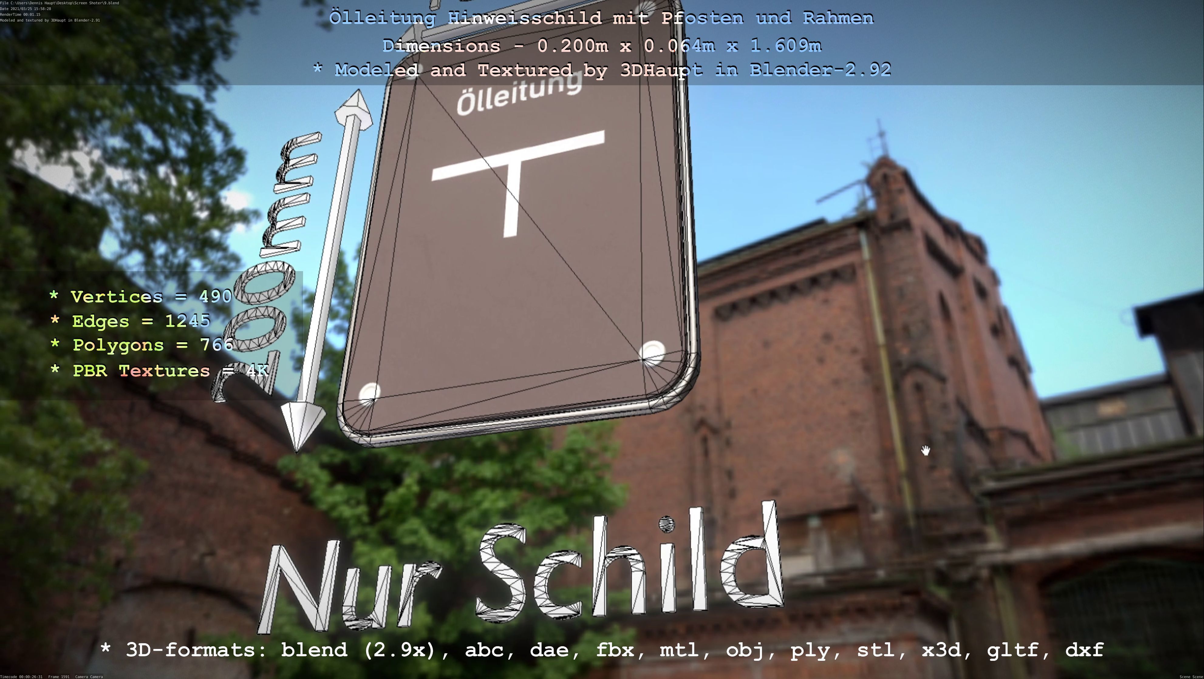 Hinweisschild Oelleitung mit Pfosten und Rahmen Low-poly 3D model_31