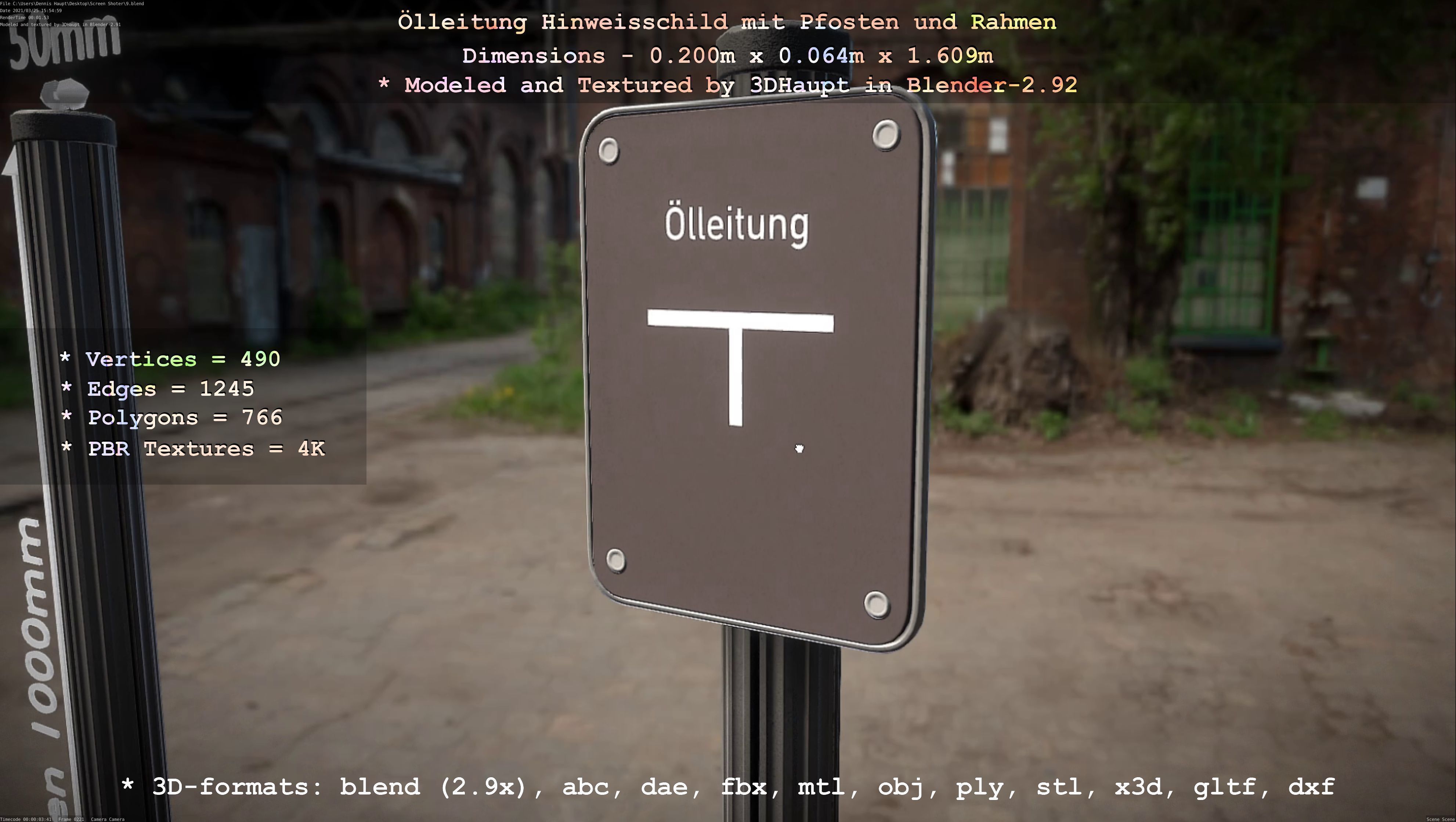 Hinweisschild Oelleitung mit Pfosten und Rahmen Low-poly 3D model_21
