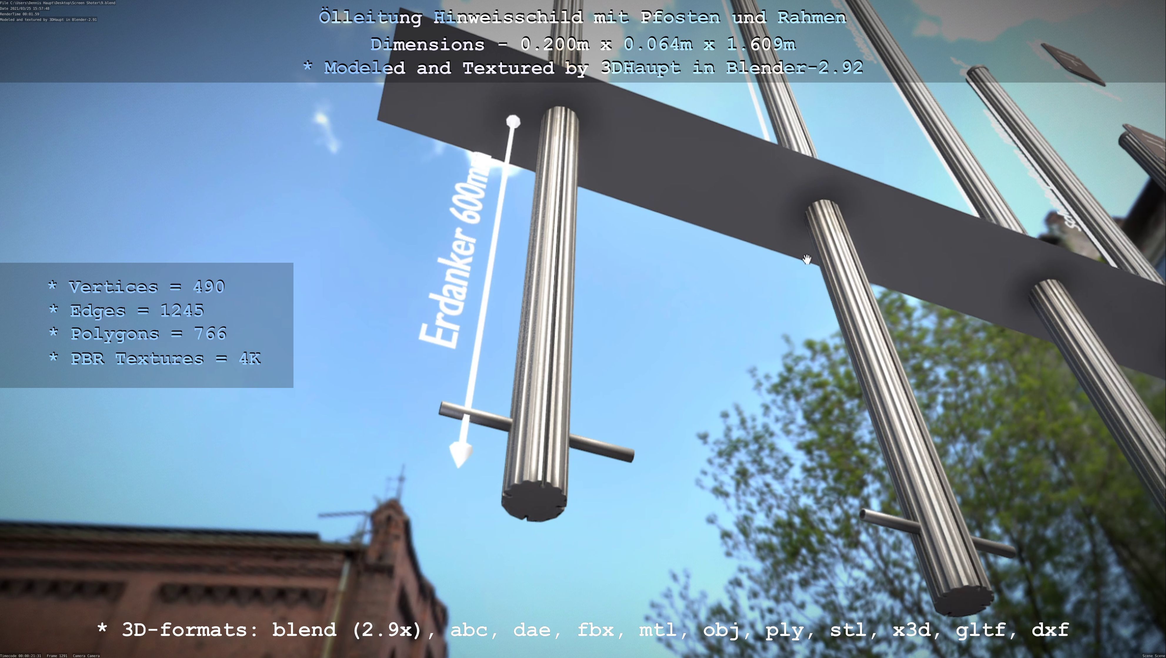 Hinweisschild Oelleitung mit Pfosten und Rahmen Low-poly 3D model_121
