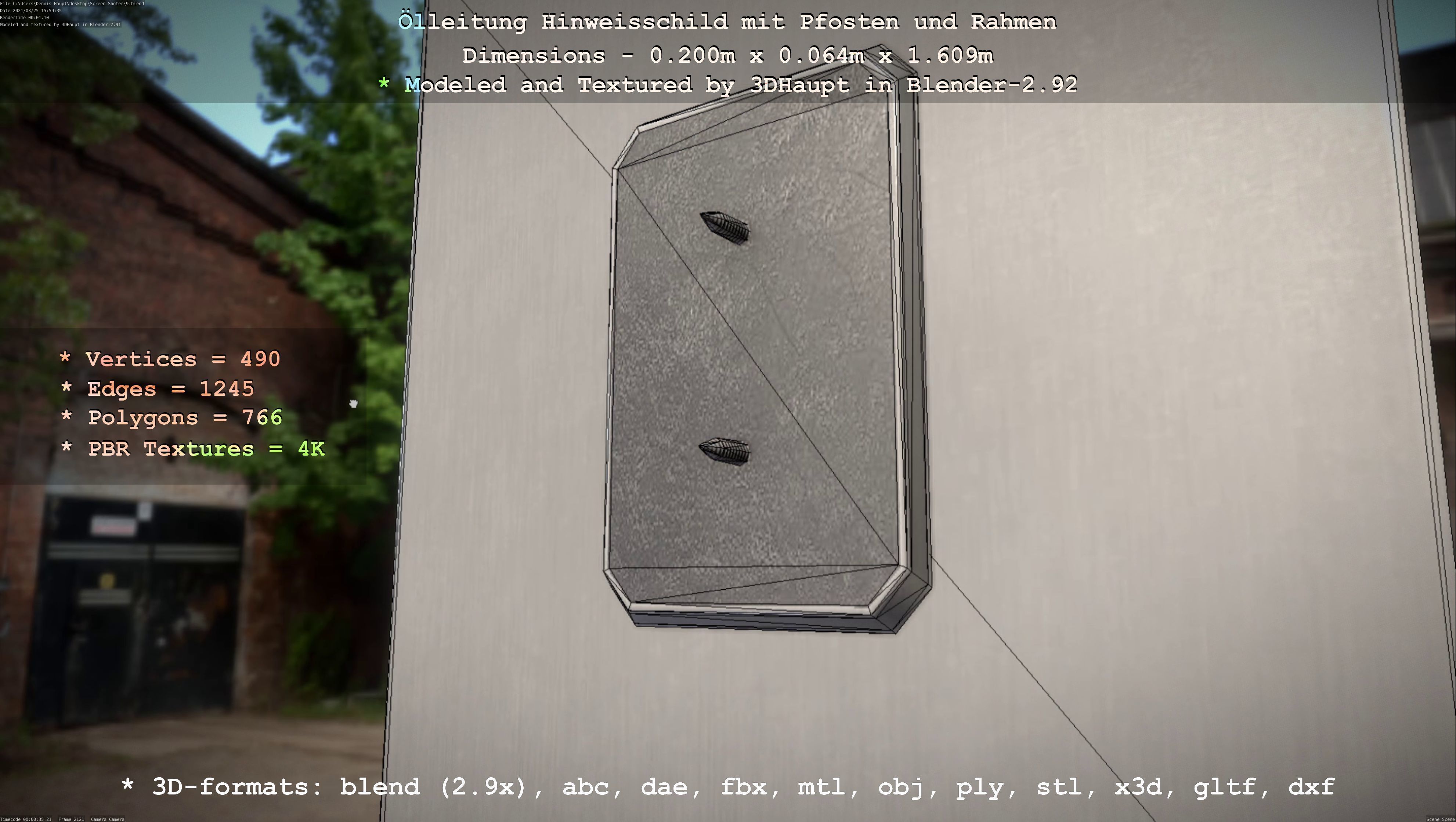 Hinweisschild Oelleitung mit Pfosten und Rahmen Low-poly 3D model_43