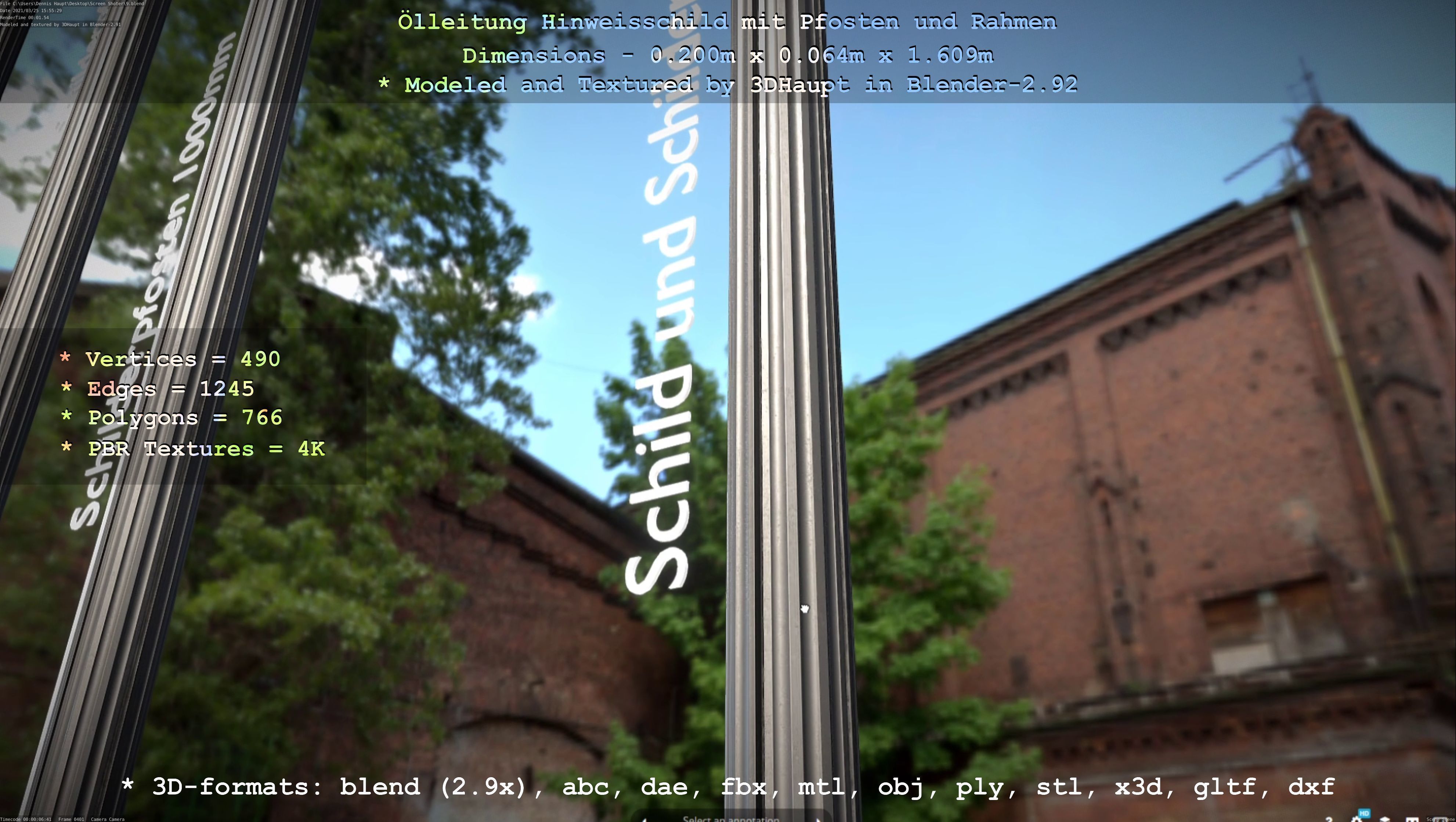 Hinweisschild Oelleitung mit Pfosten und Rahmen Low-poly 3D model_88