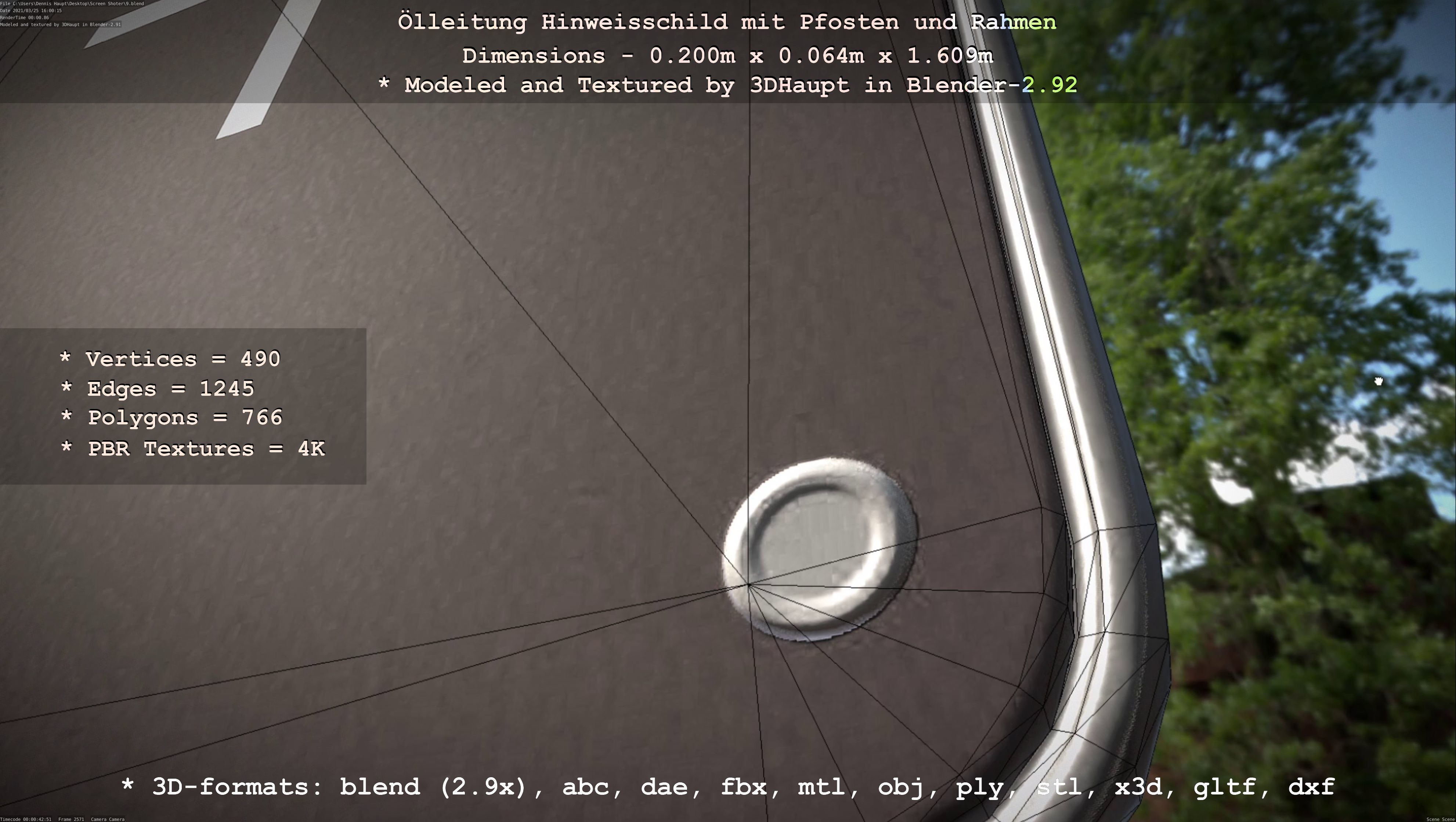 Hinweisschild Oelleitung mit Pfosten und Rahmen Low-poly 3D model_10