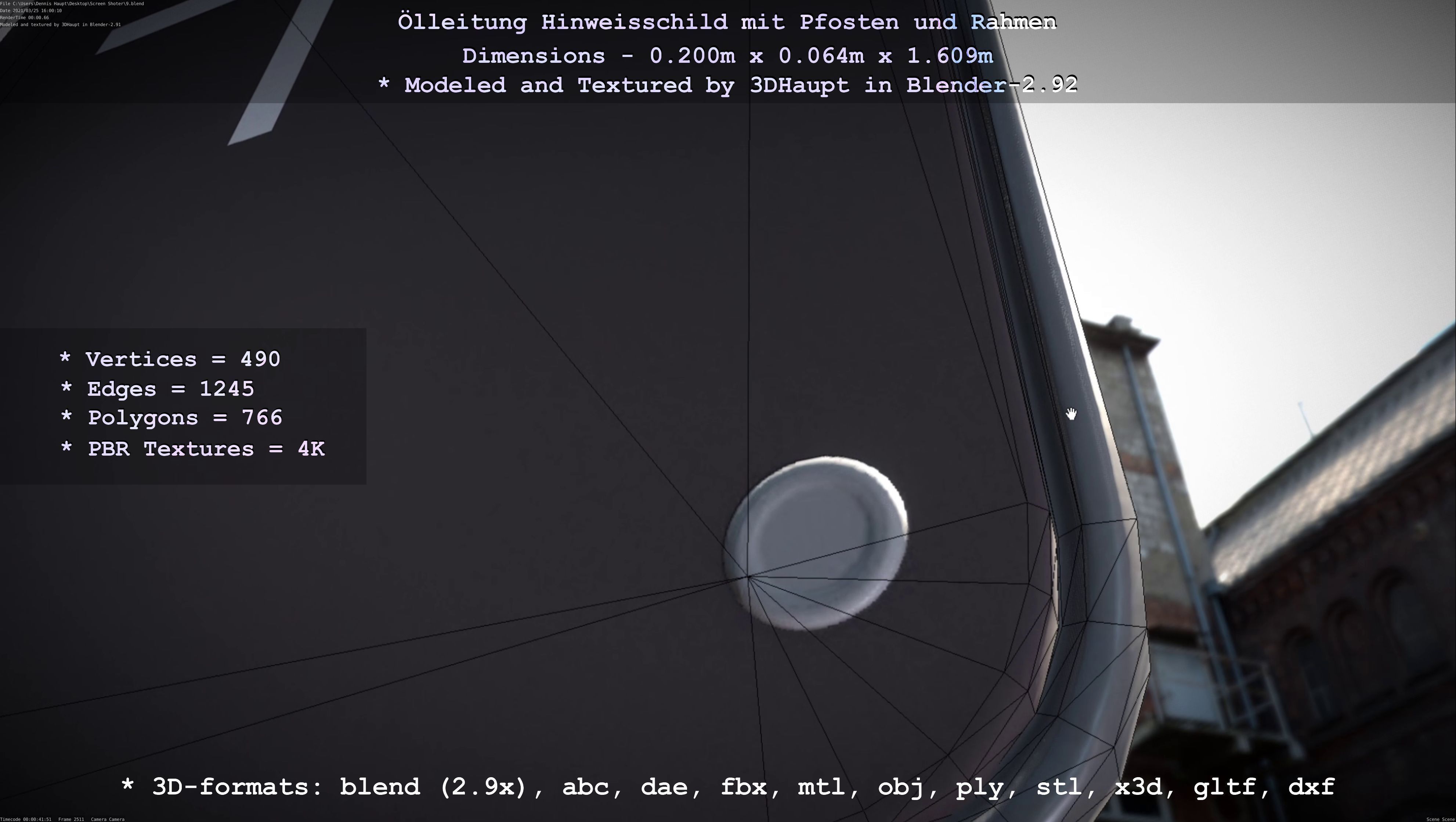 Hinweisschild Oelleitung mit Pfosten und Rahmen Low-poly 3D model_62