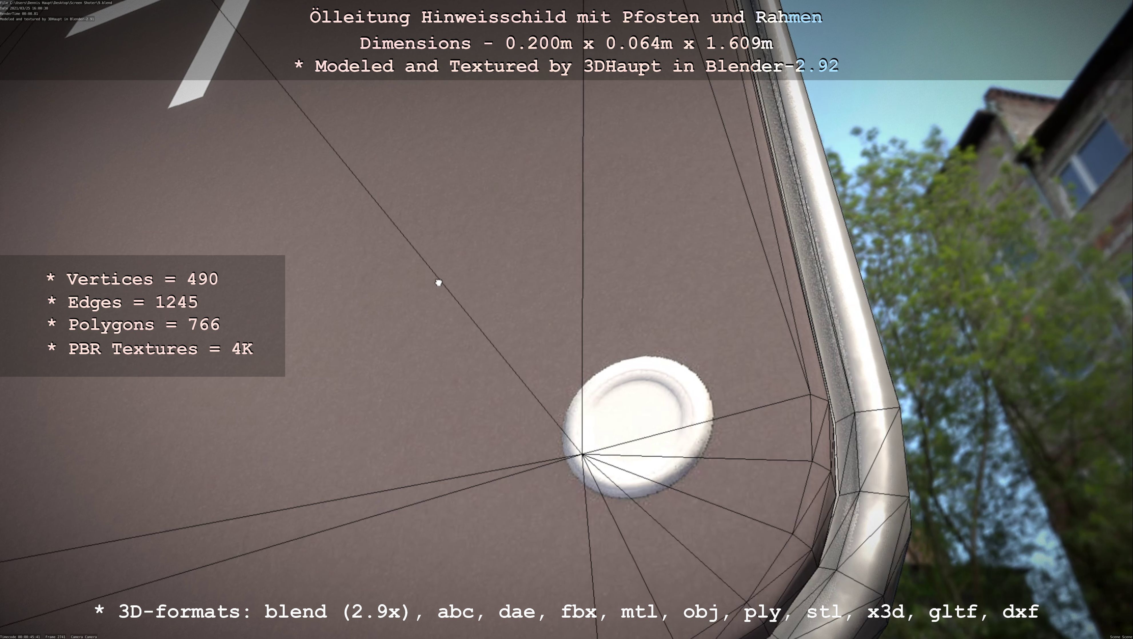 Hinweisschild Oelleitung mit Pfosten und Rahmen Low-poly 3D model_12