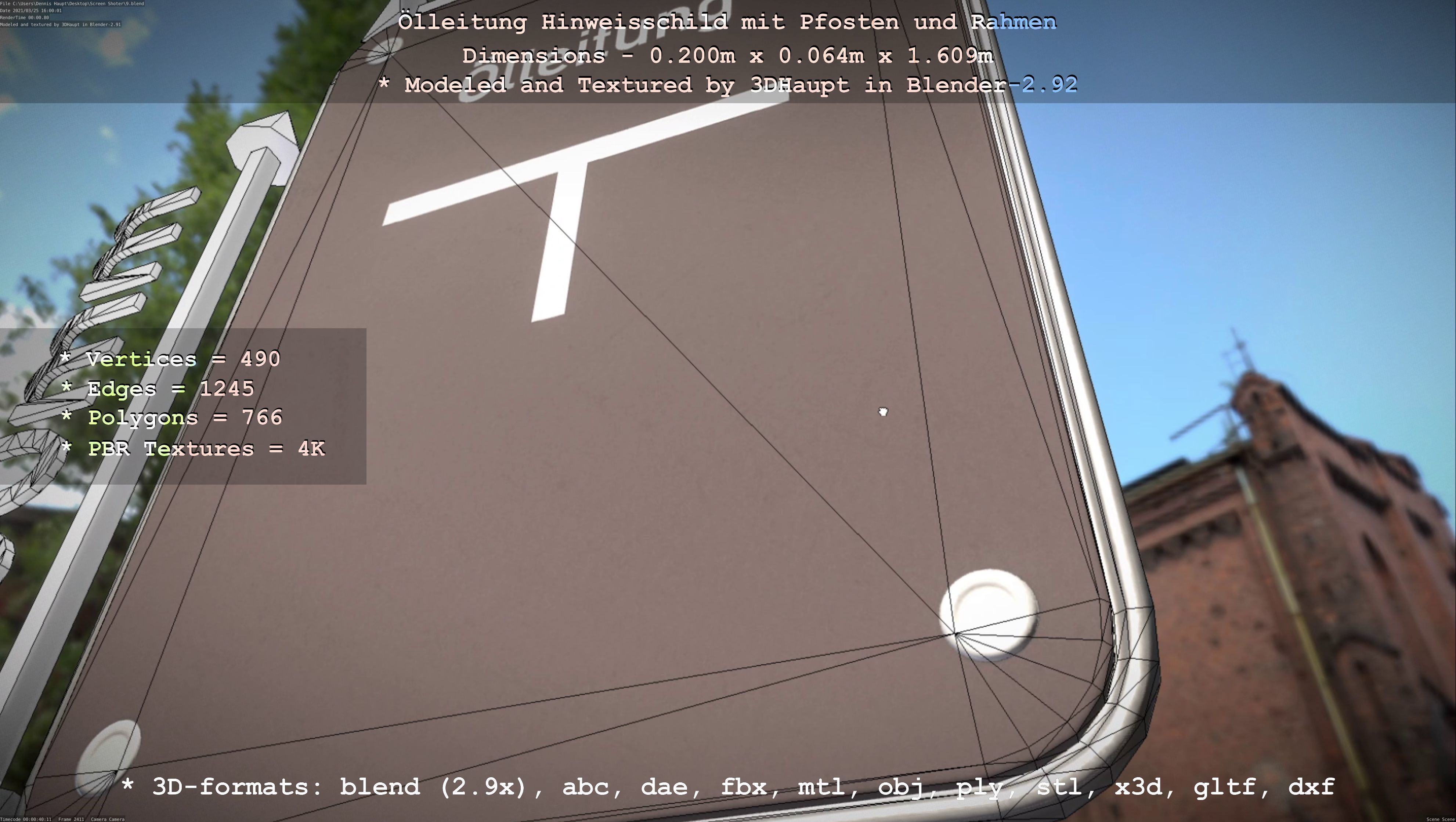 Hinweisschild Oelleitung mit Pfosten und Rahmen Low-poly 3D model_64
