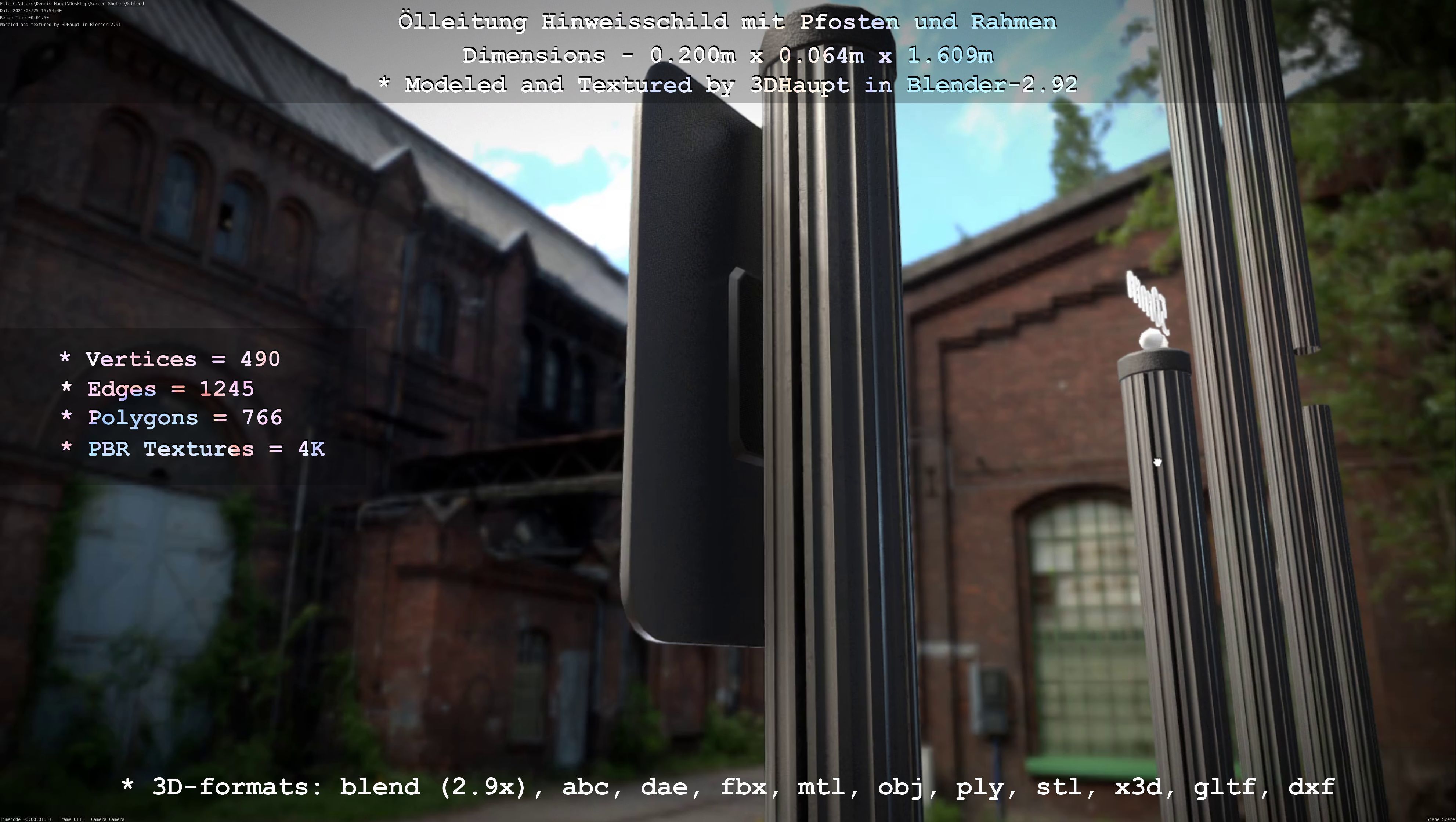 Hinweisschild Oelleitung mit Pfosten und Rahmen Low-poly 3D model_19