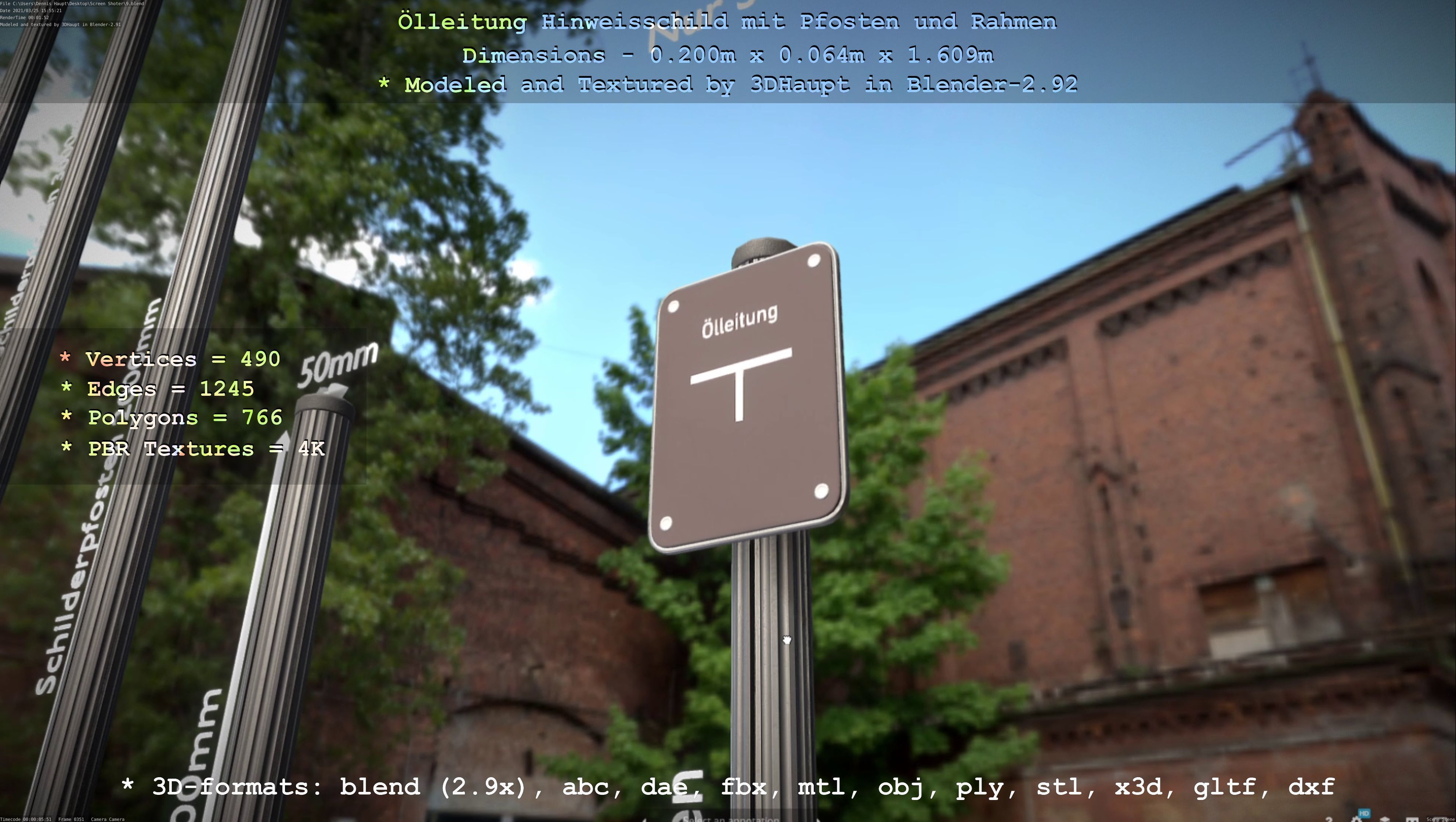 Hinweisschild Oelleitung mit Pfosten und Rahmen Low-poly 3D model_22