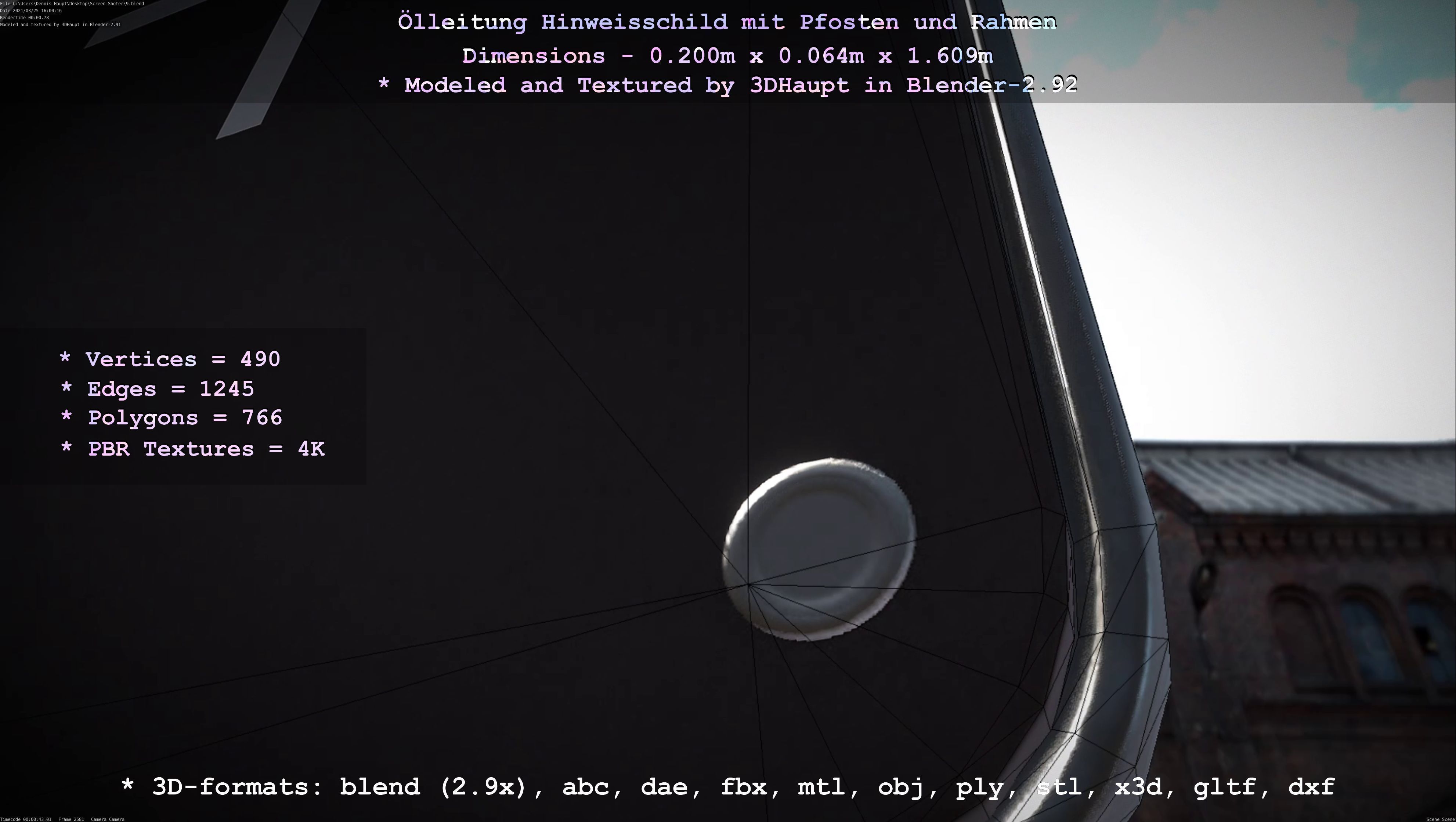 Hinweisschild Oelleitung mit Pfosten und Rahmen Low-poly 3D model_11