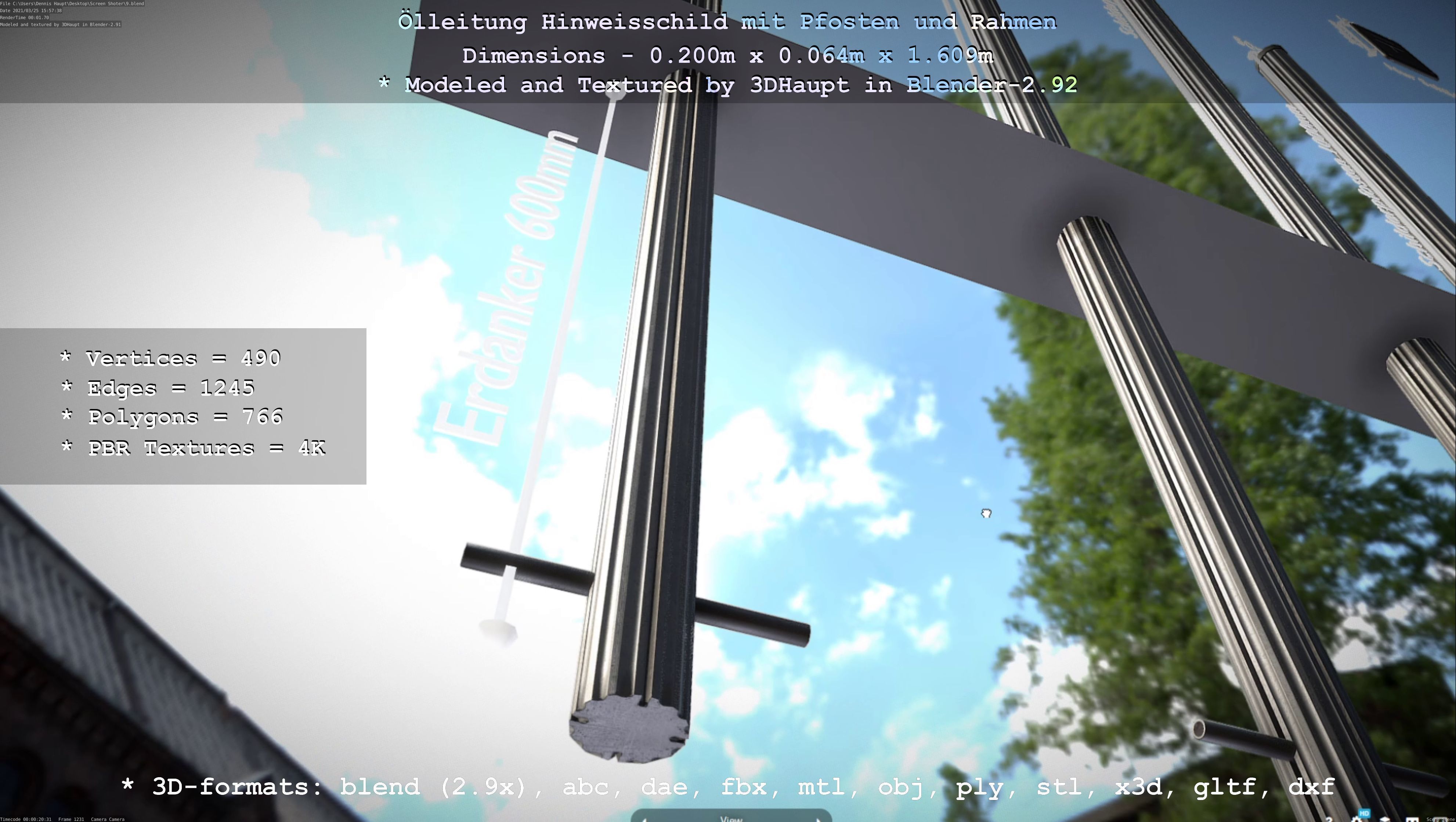 Hinweisschild Oelleitung mit Pfosten und Rahmen Low-poly 3D model_120