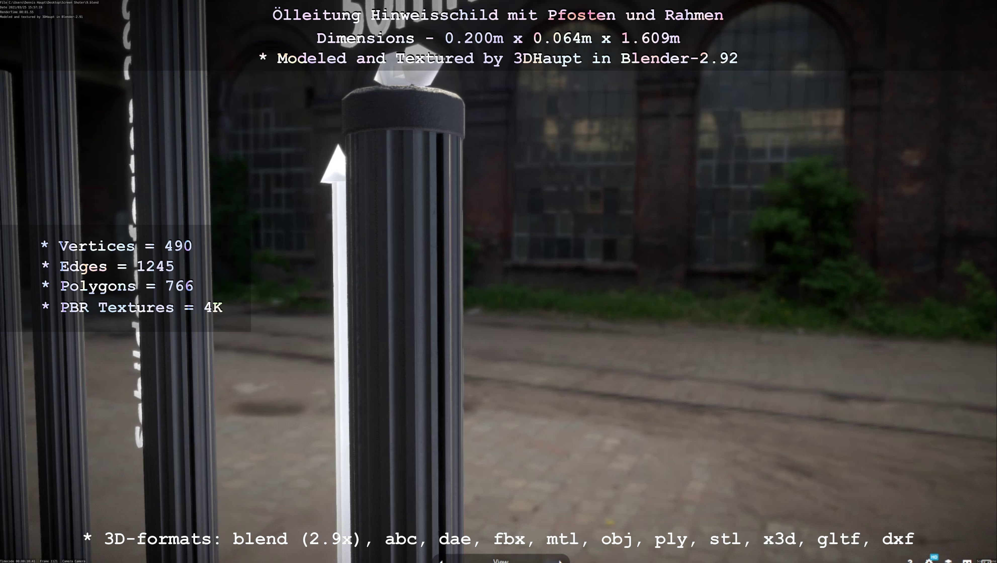 Hinweisschild Oelleitung mit Pfosten und Rahmen Low-poly 3D model_127