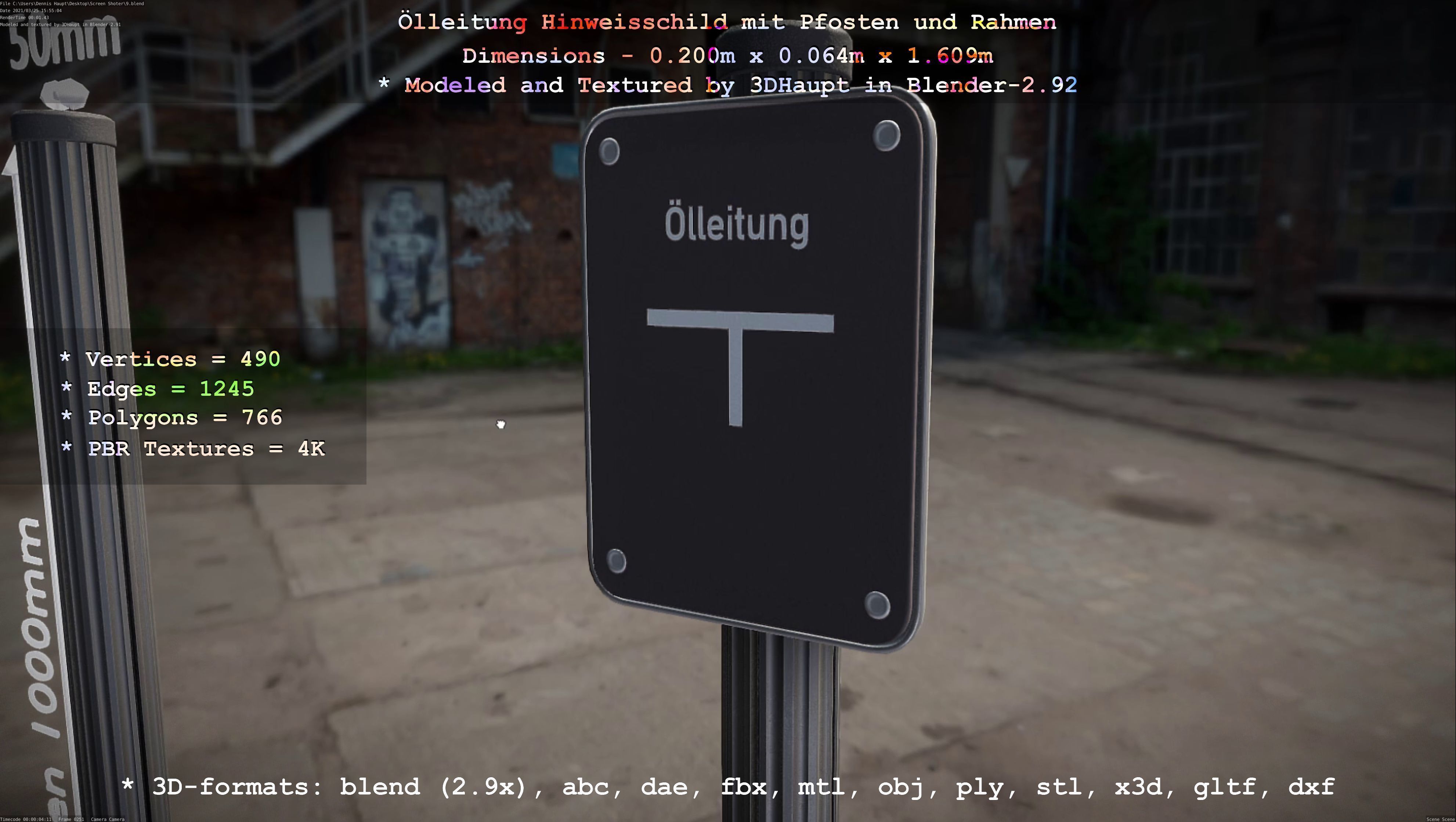 Hinweisschild Oelleitung mit Pfosten und Rahmen Low-poly 3D model_74