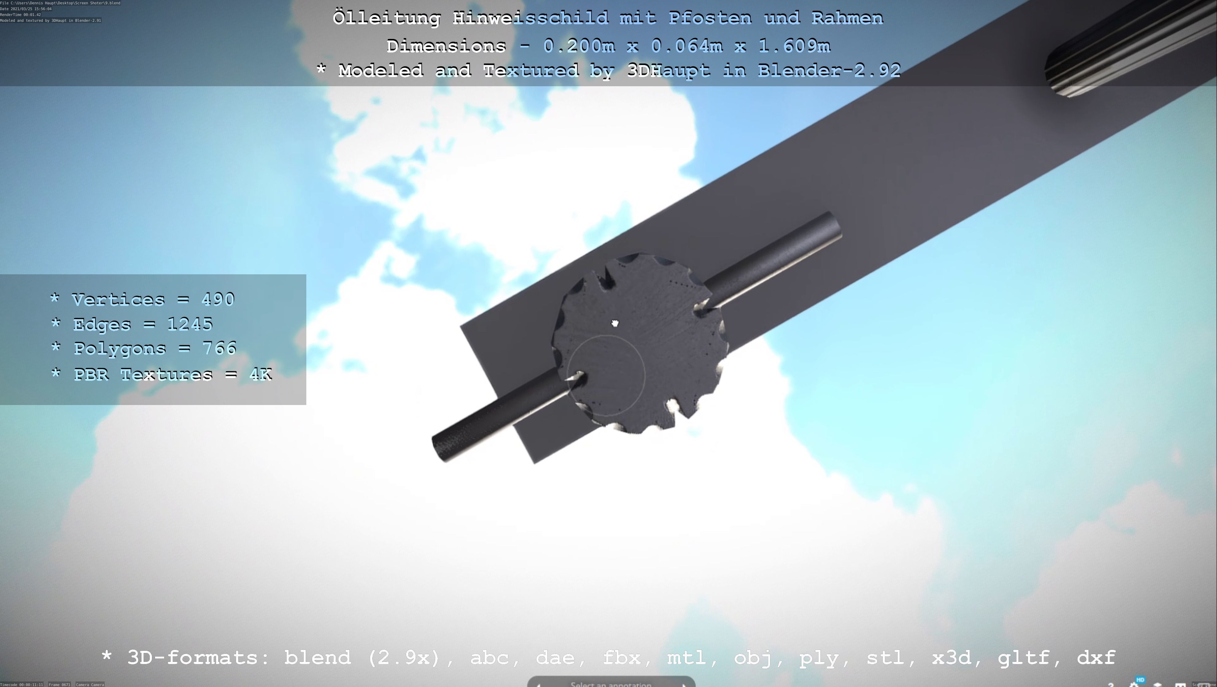 Hinweisschild Oelleitung mit Pfosten und Rahmen Low-poly 3D model_104