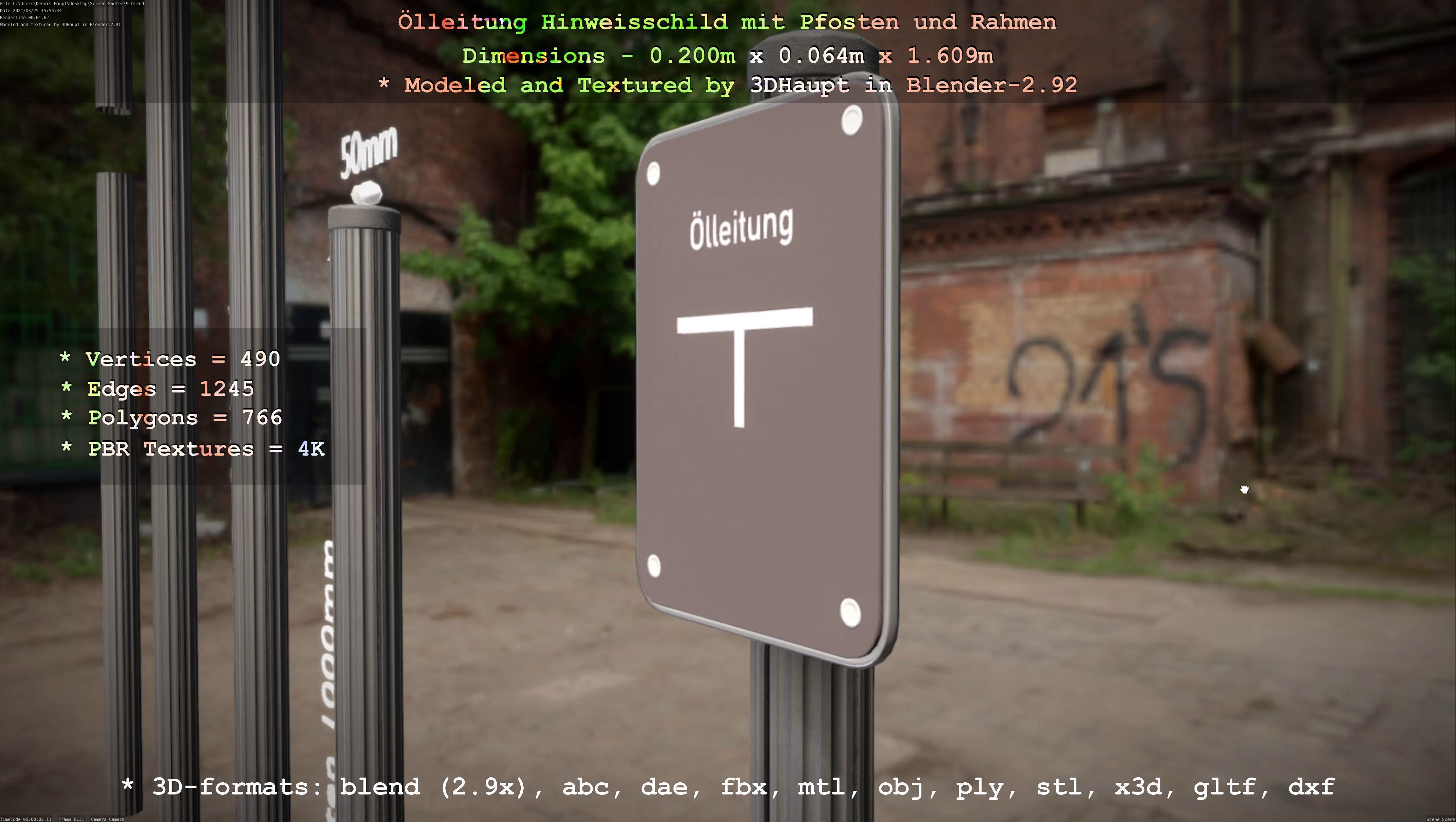 Hinweisschild Oelleitung mit Pfosten und Rahmen Low-poly 3D model_66