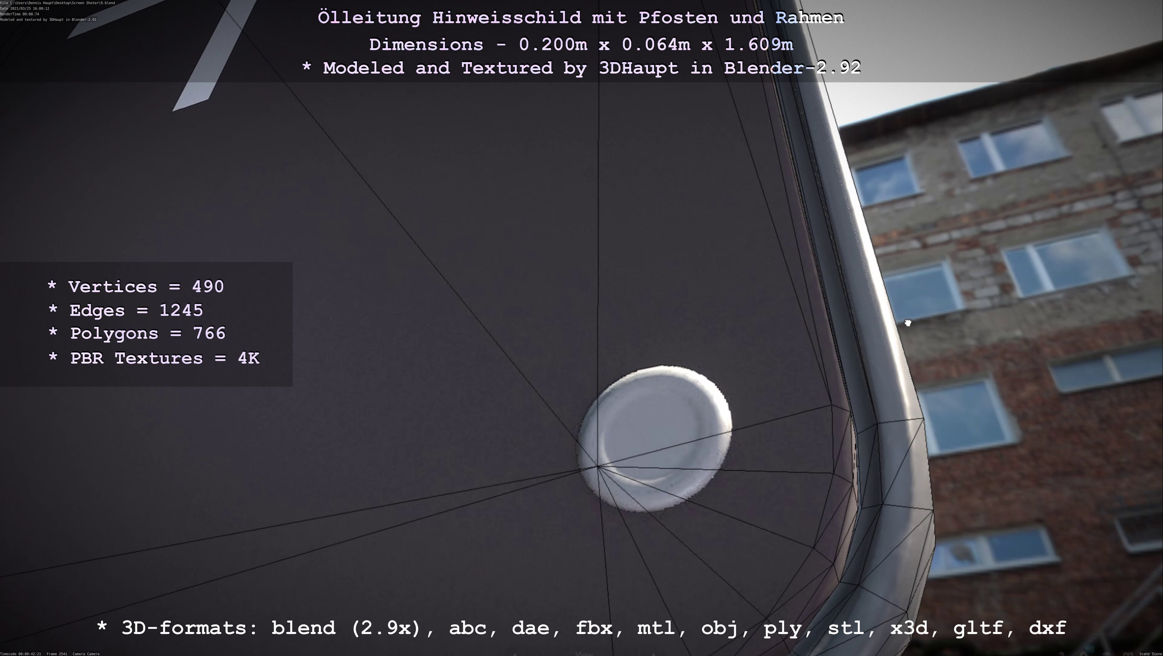 Hinweisschild Oelleitung mit Pfosten und Rahmen Low-poly 3D model_68