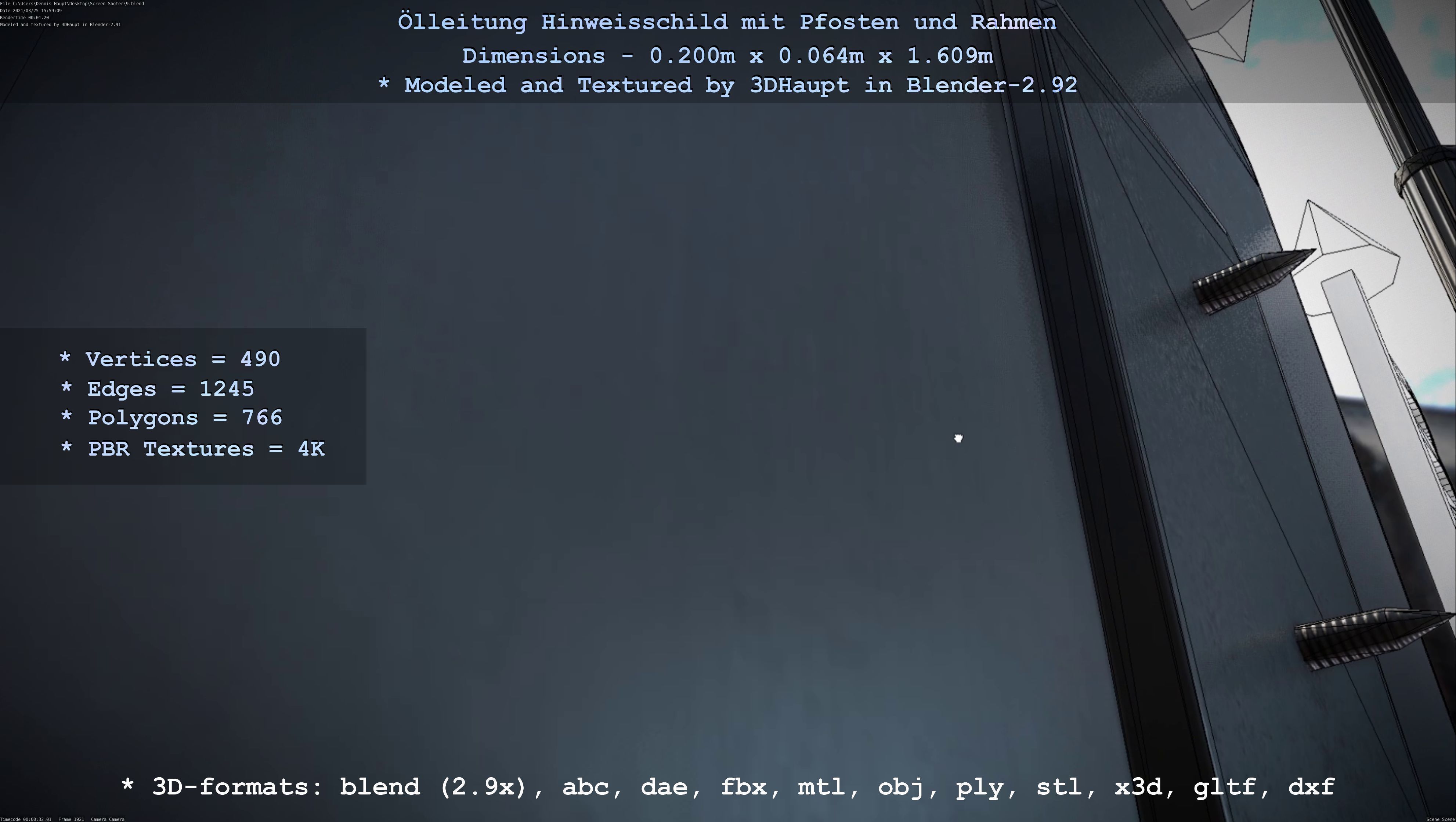 Hinweisschild Oelleitung mit Pfosten und Rahmen Low-poly 3D model_85