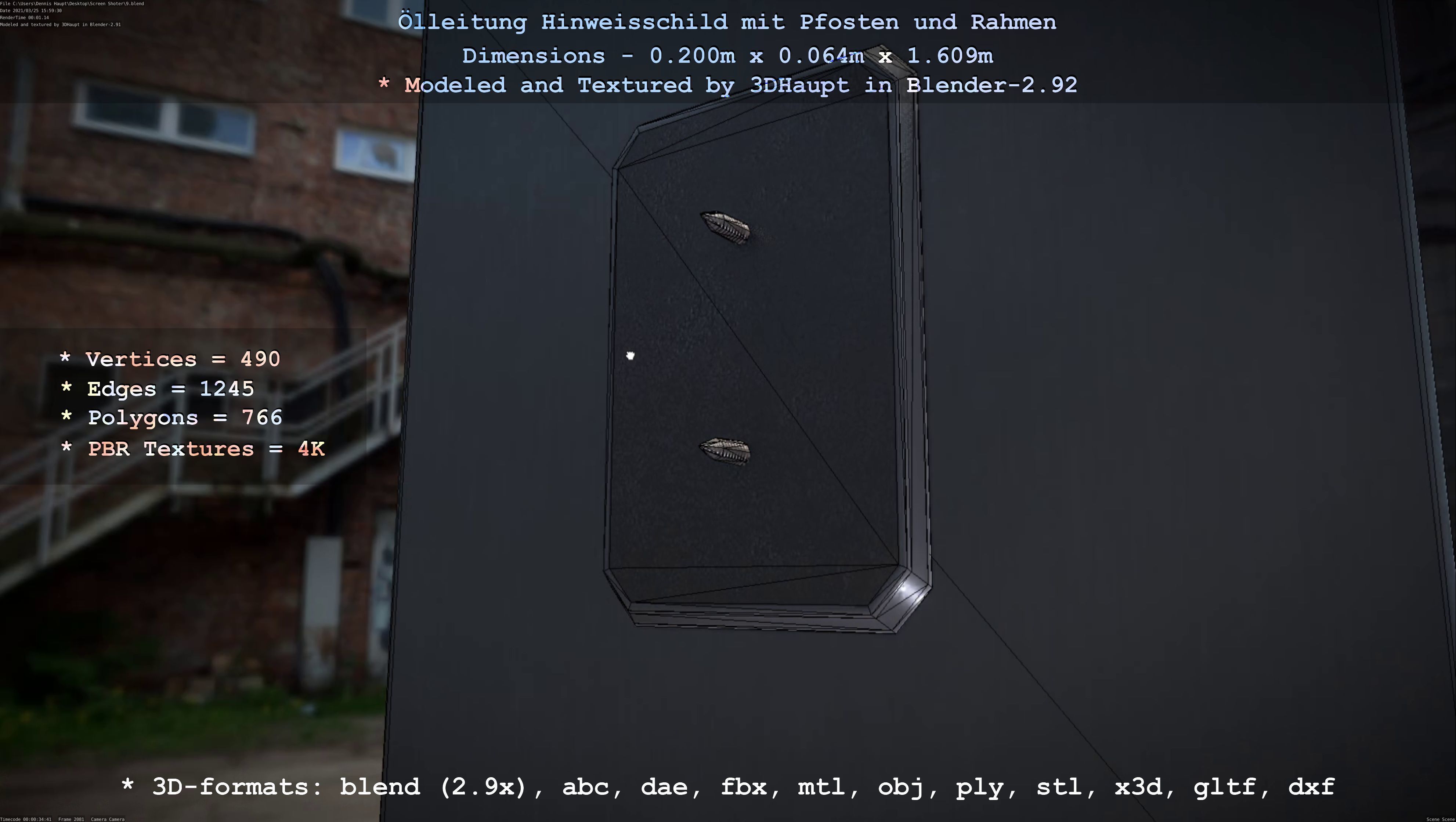 Hinweisschild Oelleitung mit Pfosten und Rahmen Low-poly 3D model_42