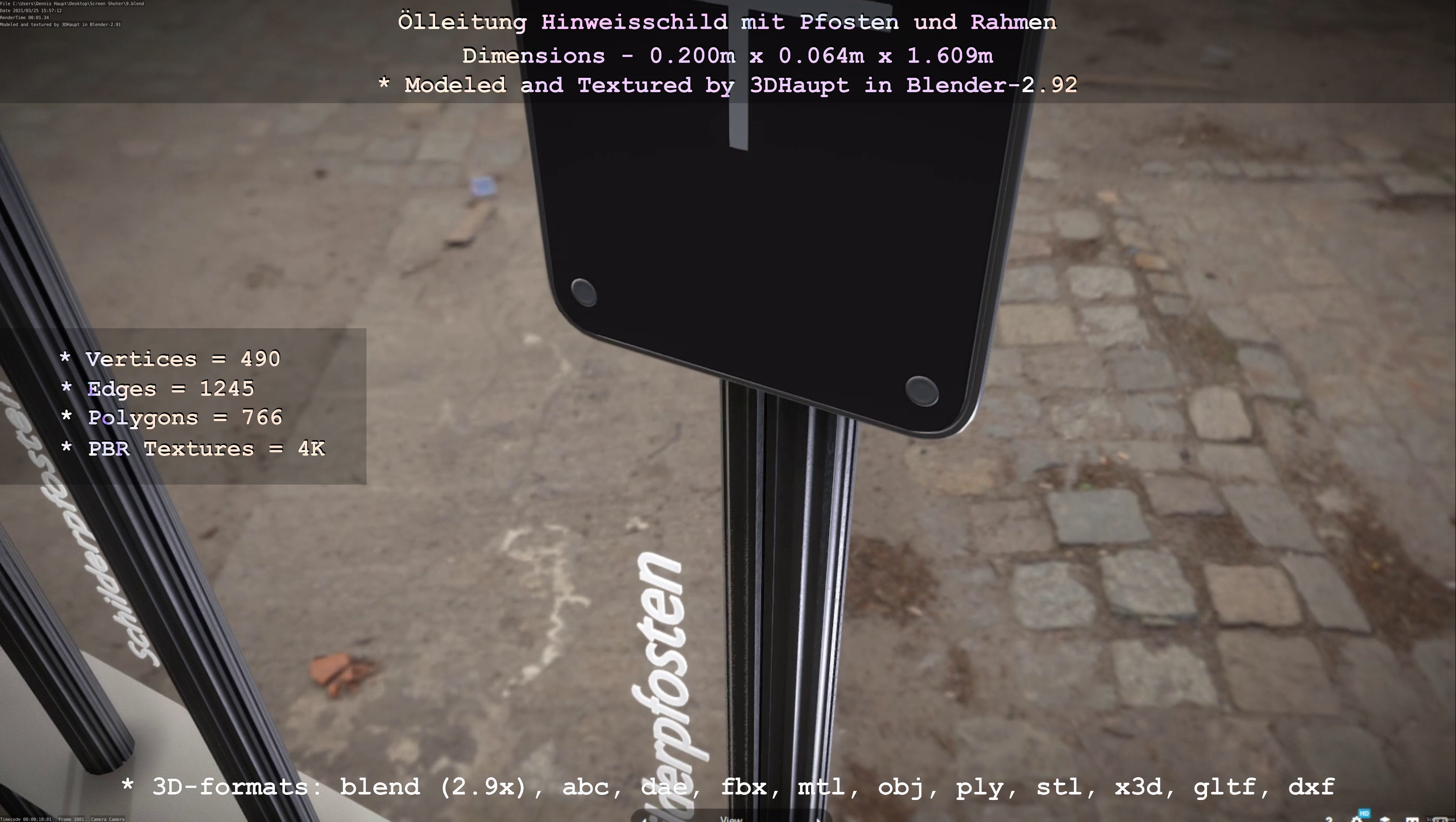 Hinweisschild Oelleitung mit Pfosten und Rahmen Low-poly 3D model_112