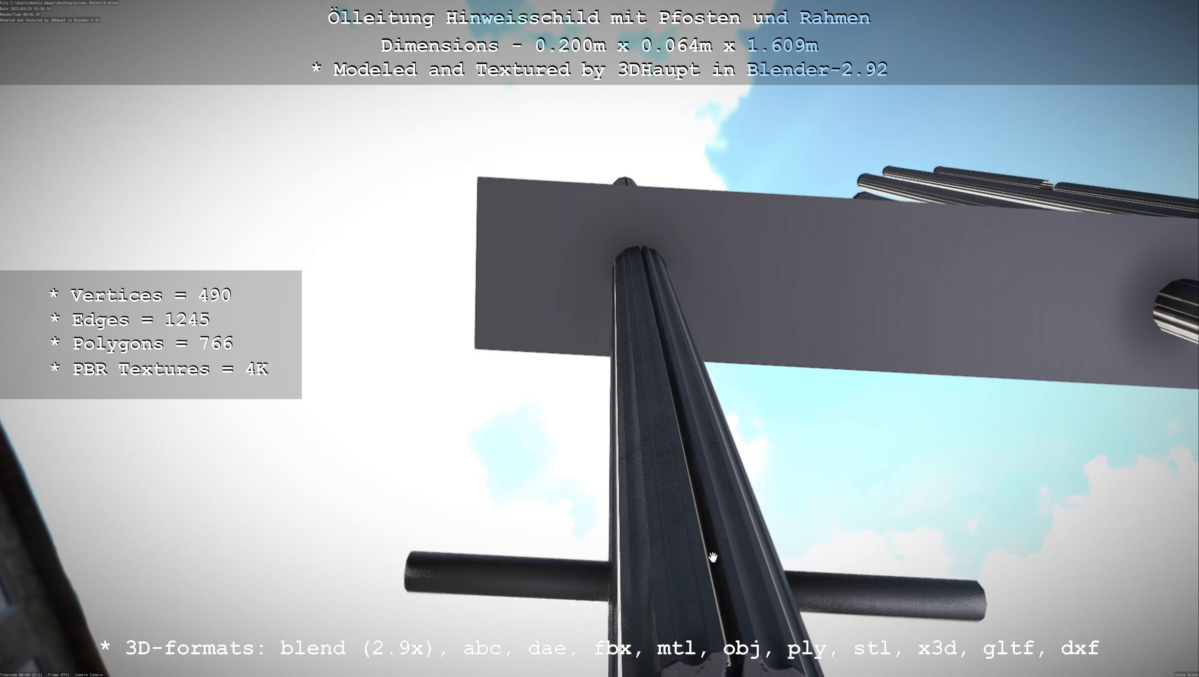 Hinweisschild Oelleitung mit Pfosten und Rahmen Low-poly 3D model_97