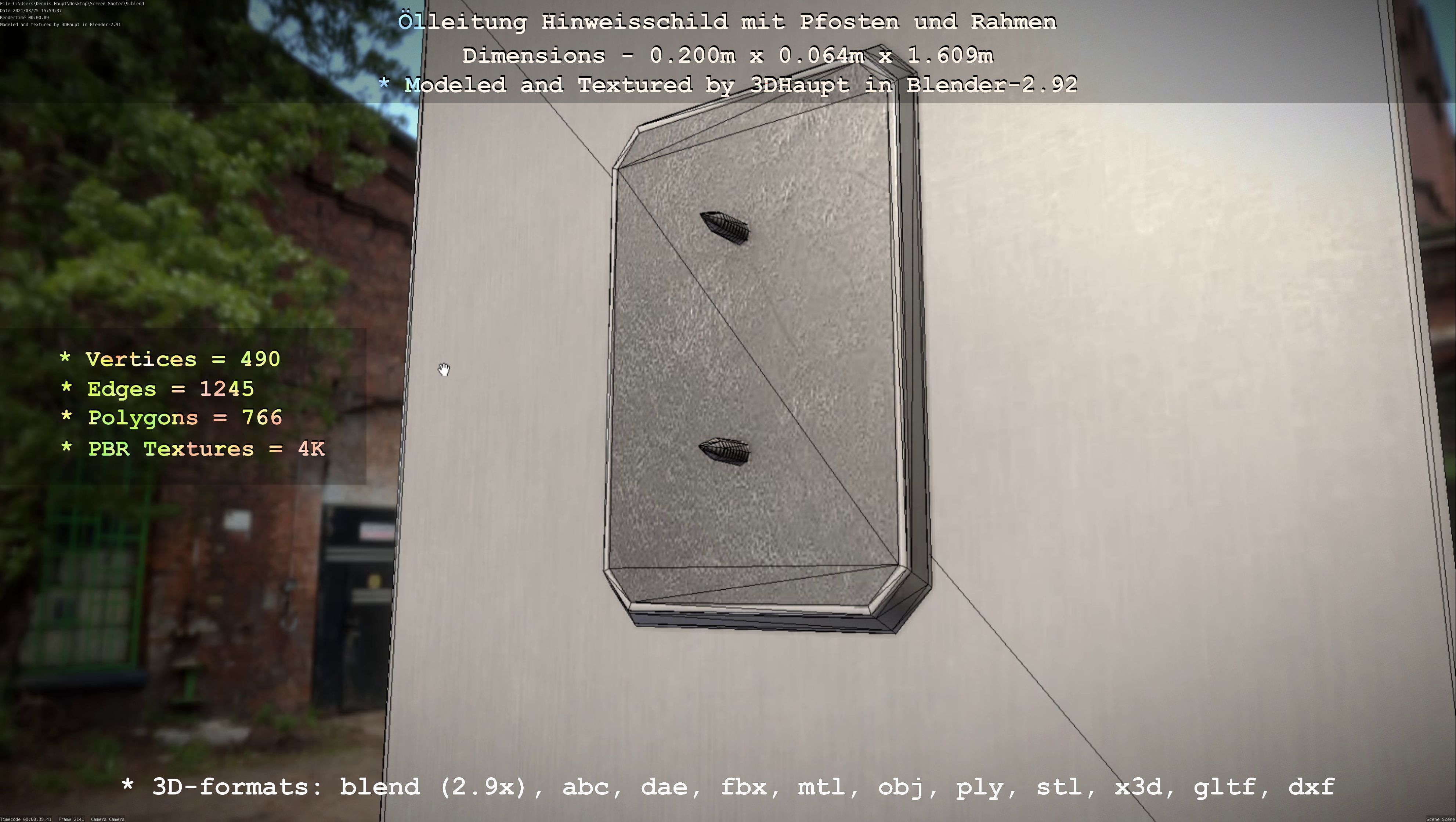 Hinweisschild Oelleitung mit Pfosten und Rahmen Low-poly 3D model_56