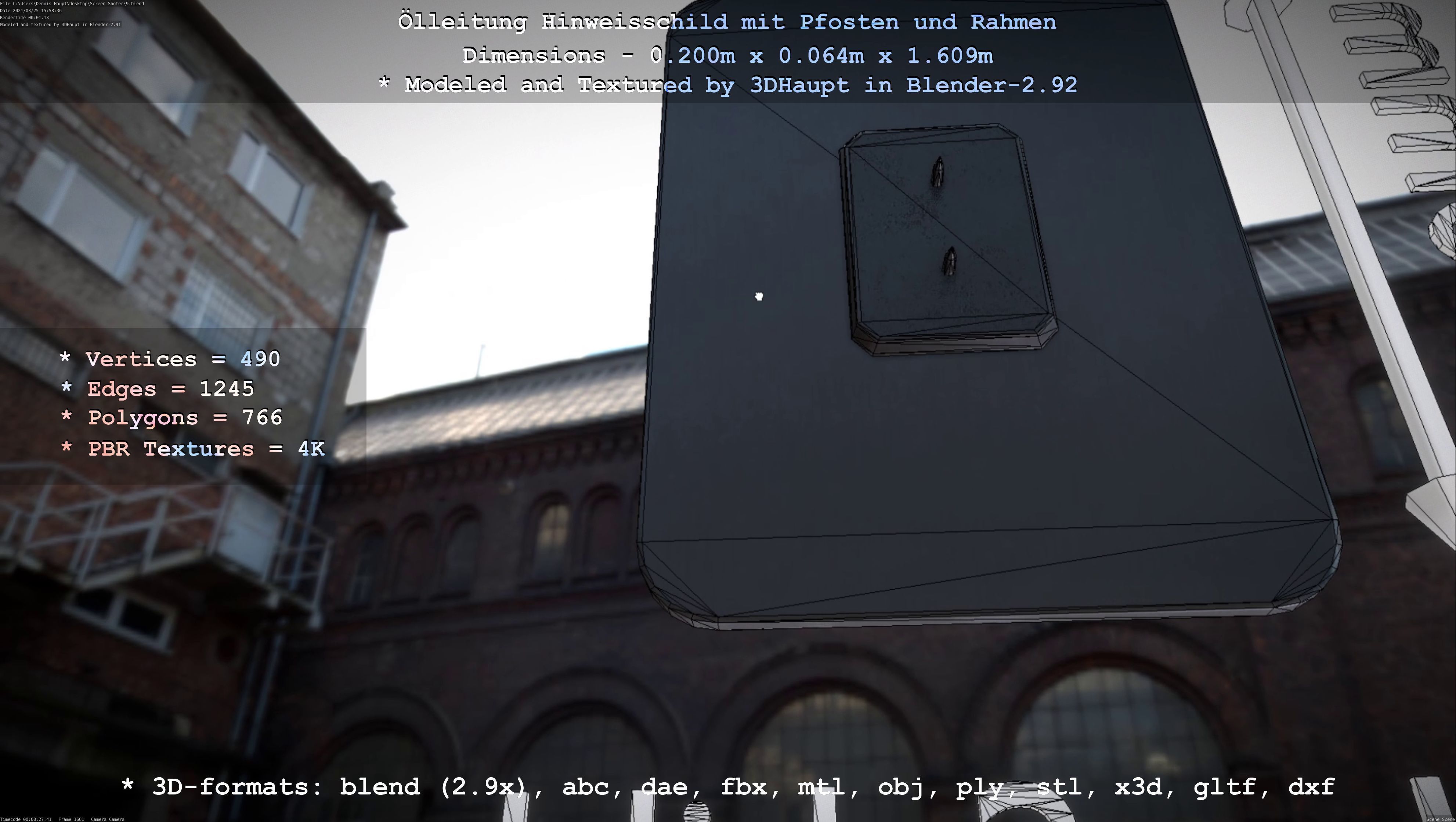 Hinweisschild Oelleitung mit Pfosten und Rahmen Low-poly 3D model_33