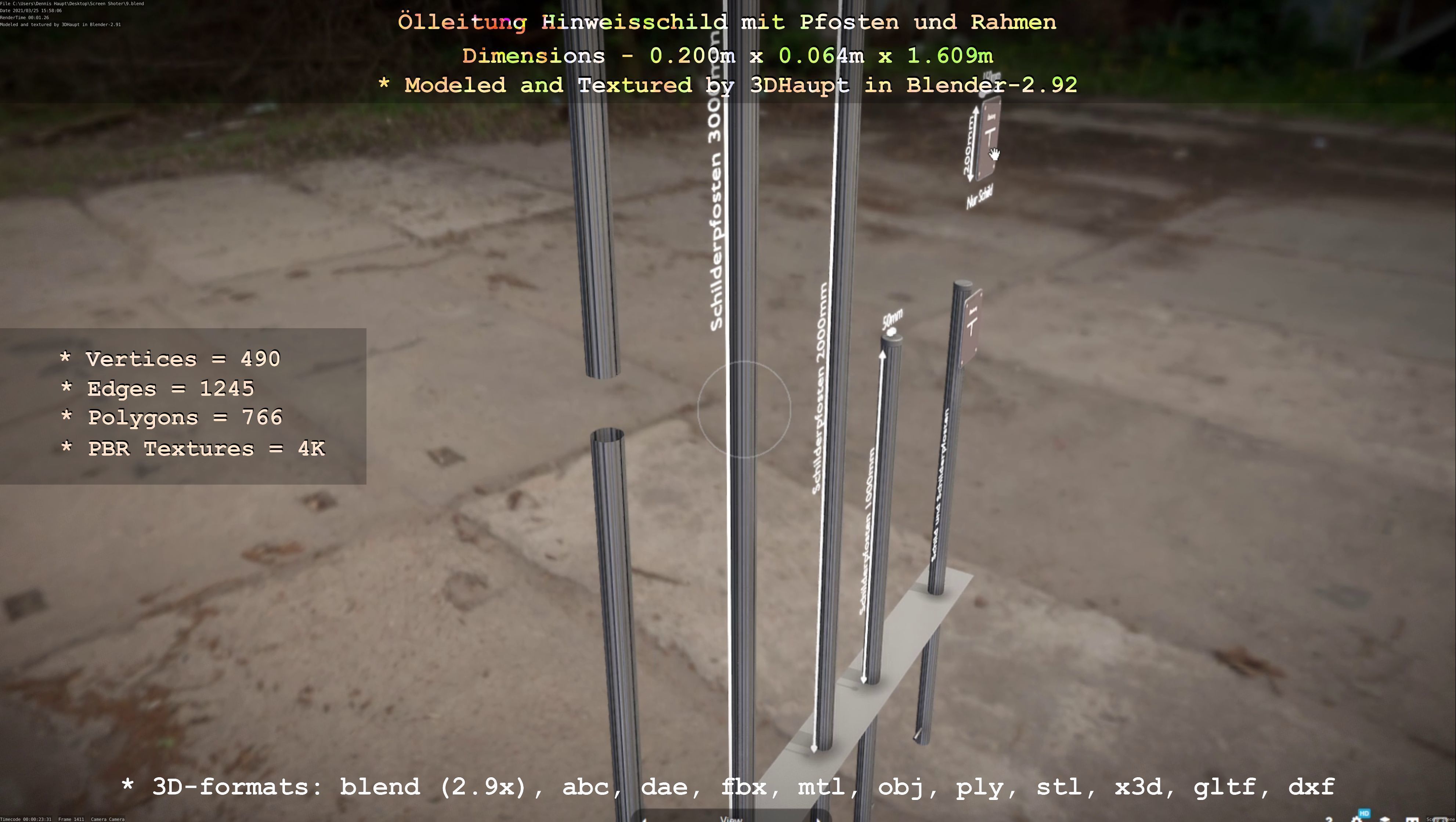 Hinweisschild Oelleitung mit Pfosten und Rahmen Low-poly 3D model_128