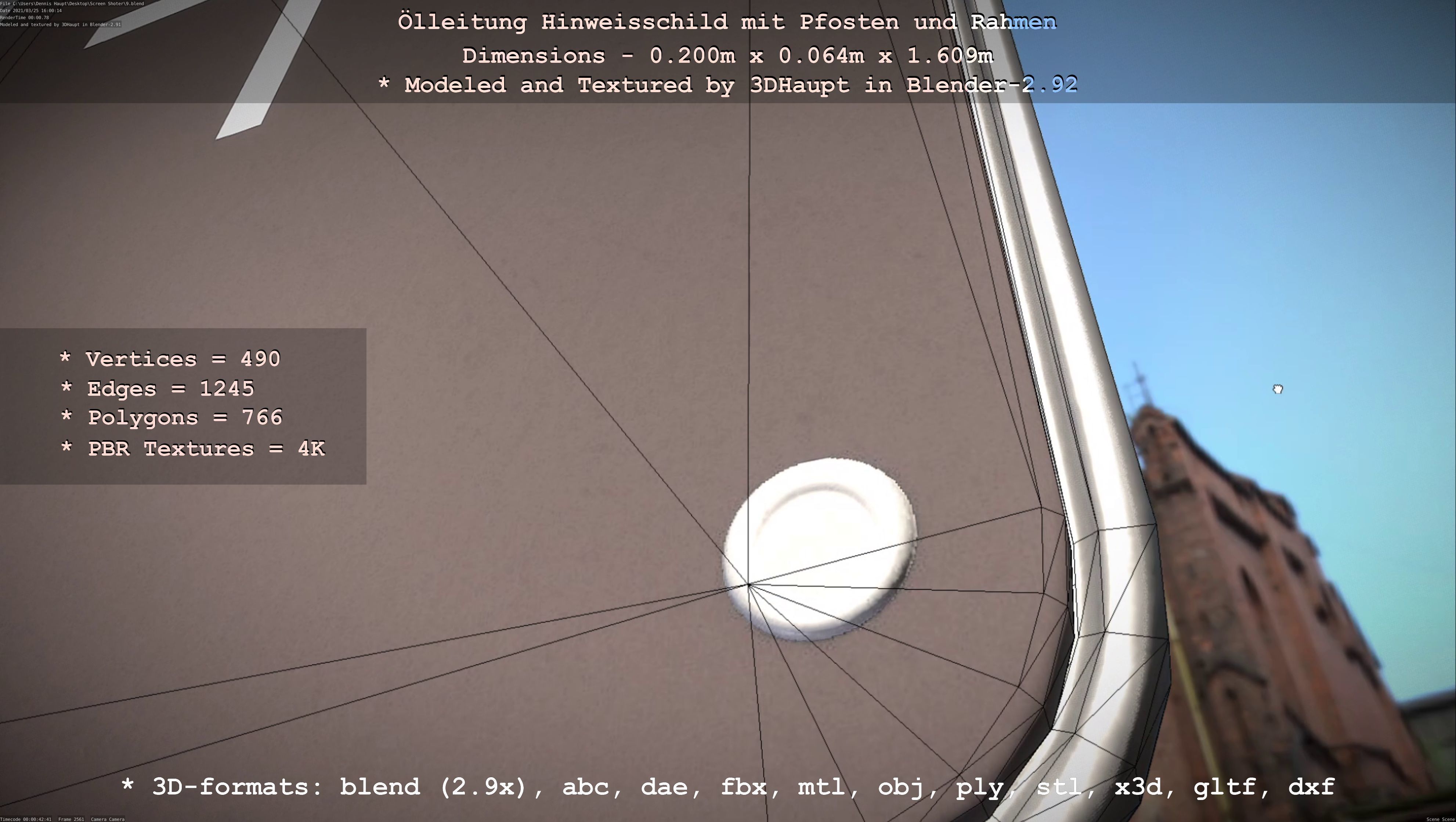 Hinweisschild Oelleitung mit Pfosten und Rahmen Low-poly 3D model_65