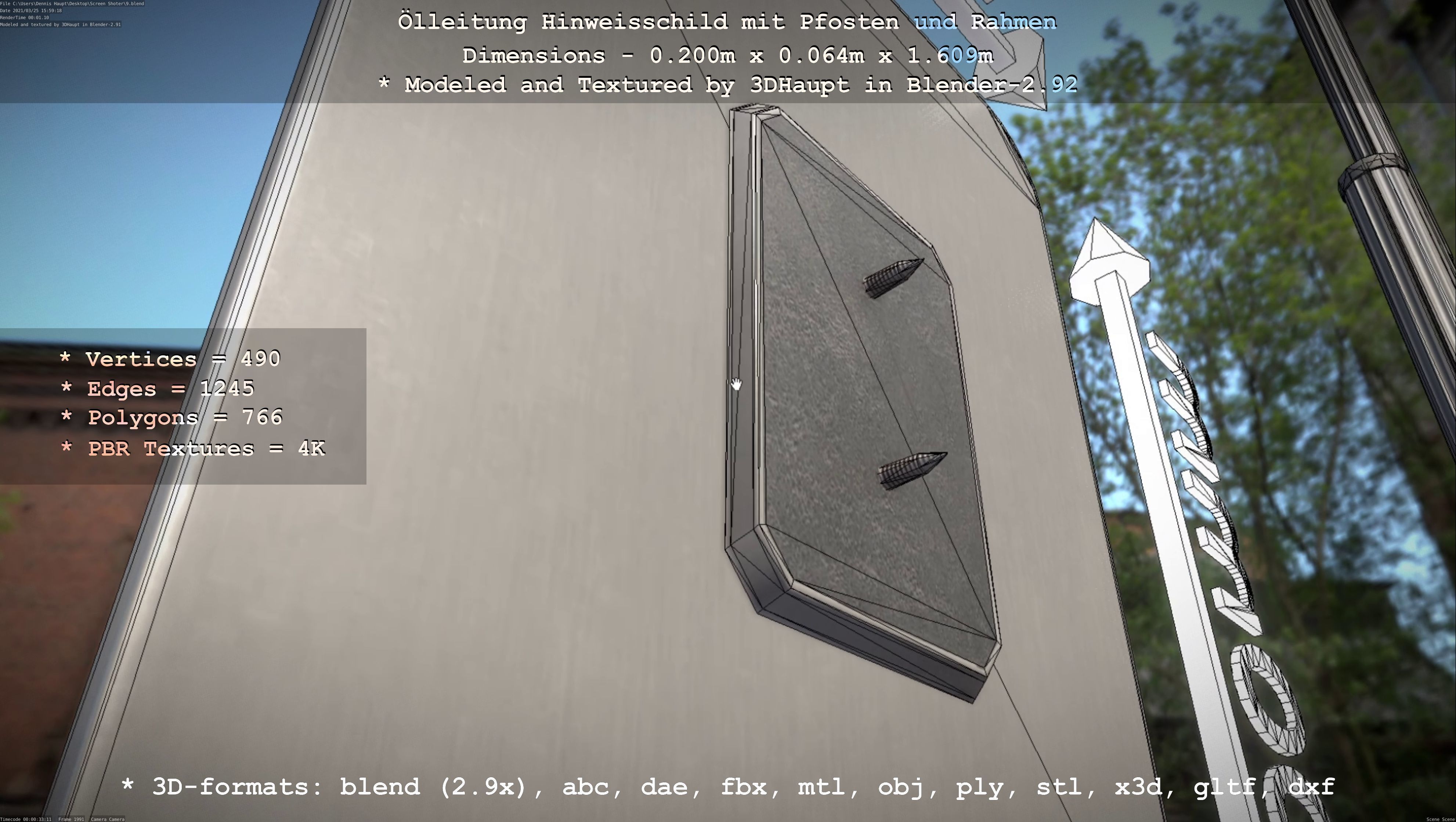 Hinweisschild Oelleitung mit Pfosten und Rahmen Low-poly 3D model_4