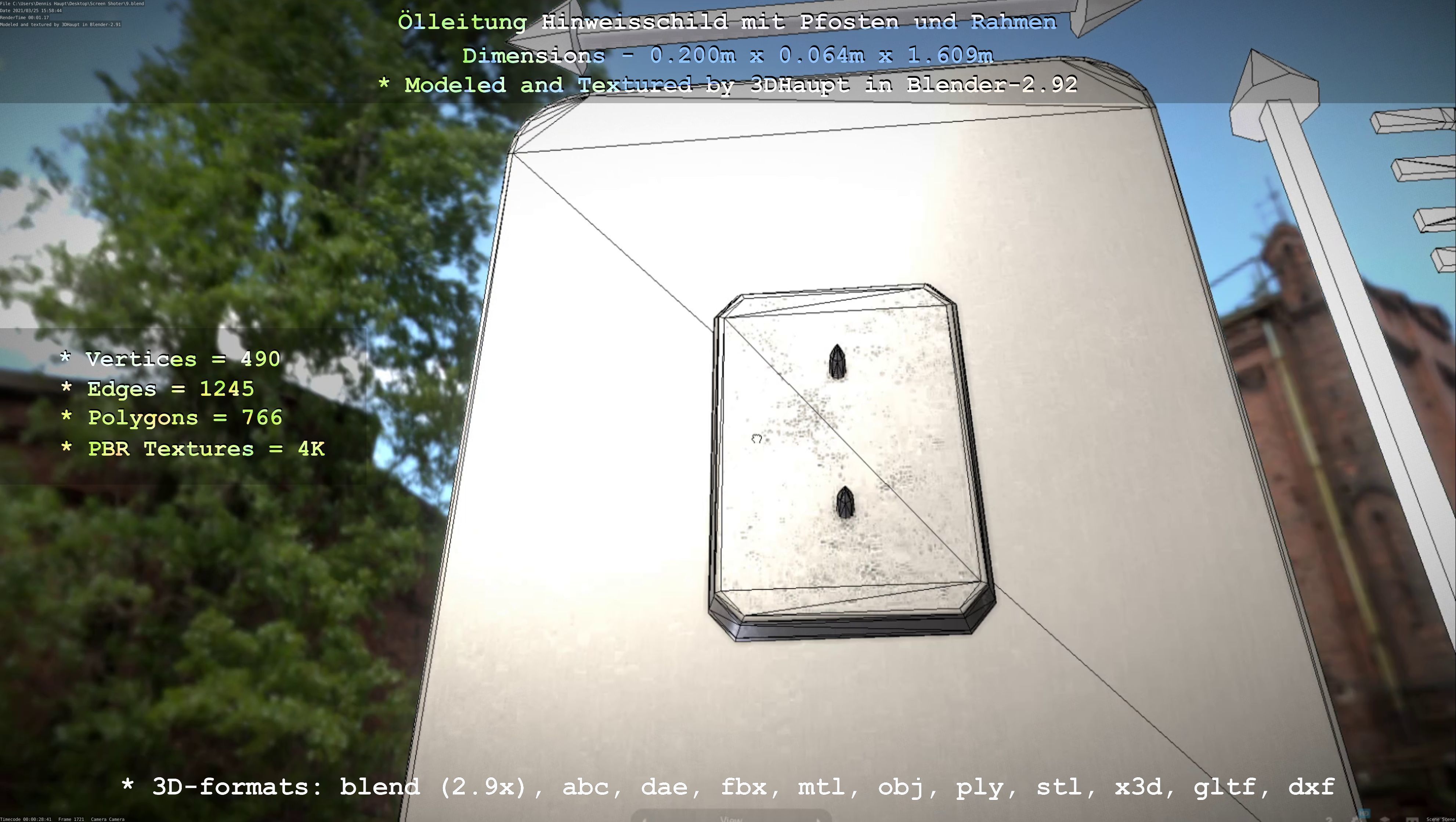Hinweisschild Oelleitung mit Pfosten und Rahmen Low-poly 3D model_39