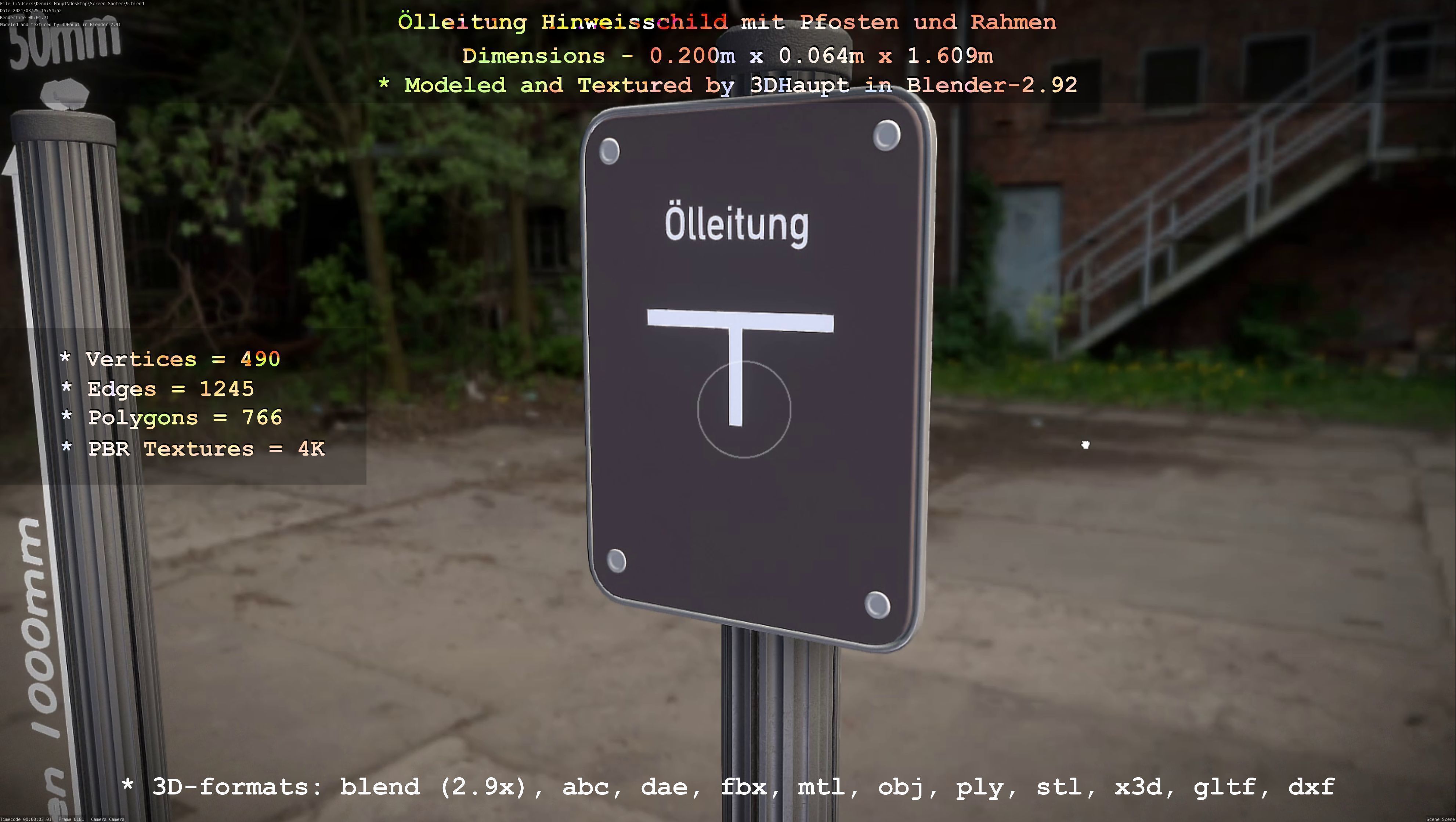 Hinweisschild Oelleitung mit Pfosten und Rahmen Low-poly 3D model_60