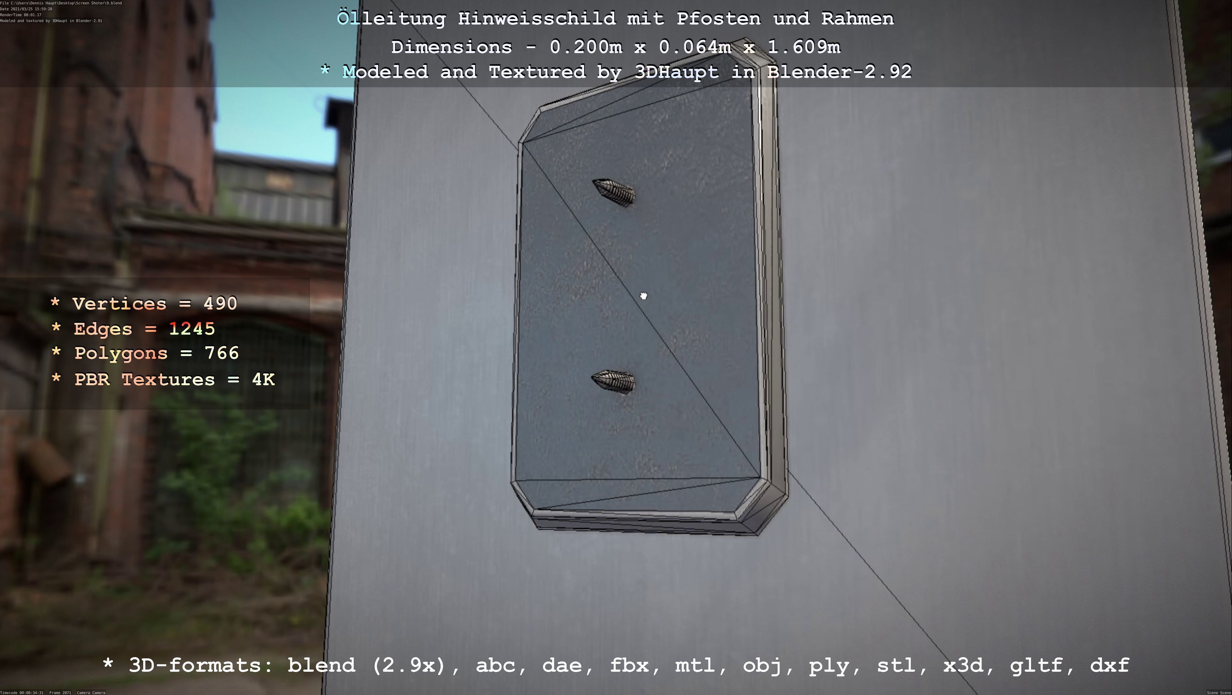 Hinweisschild Oelleitung mit Pfosten und Rahmen Low-poly 3D model_55