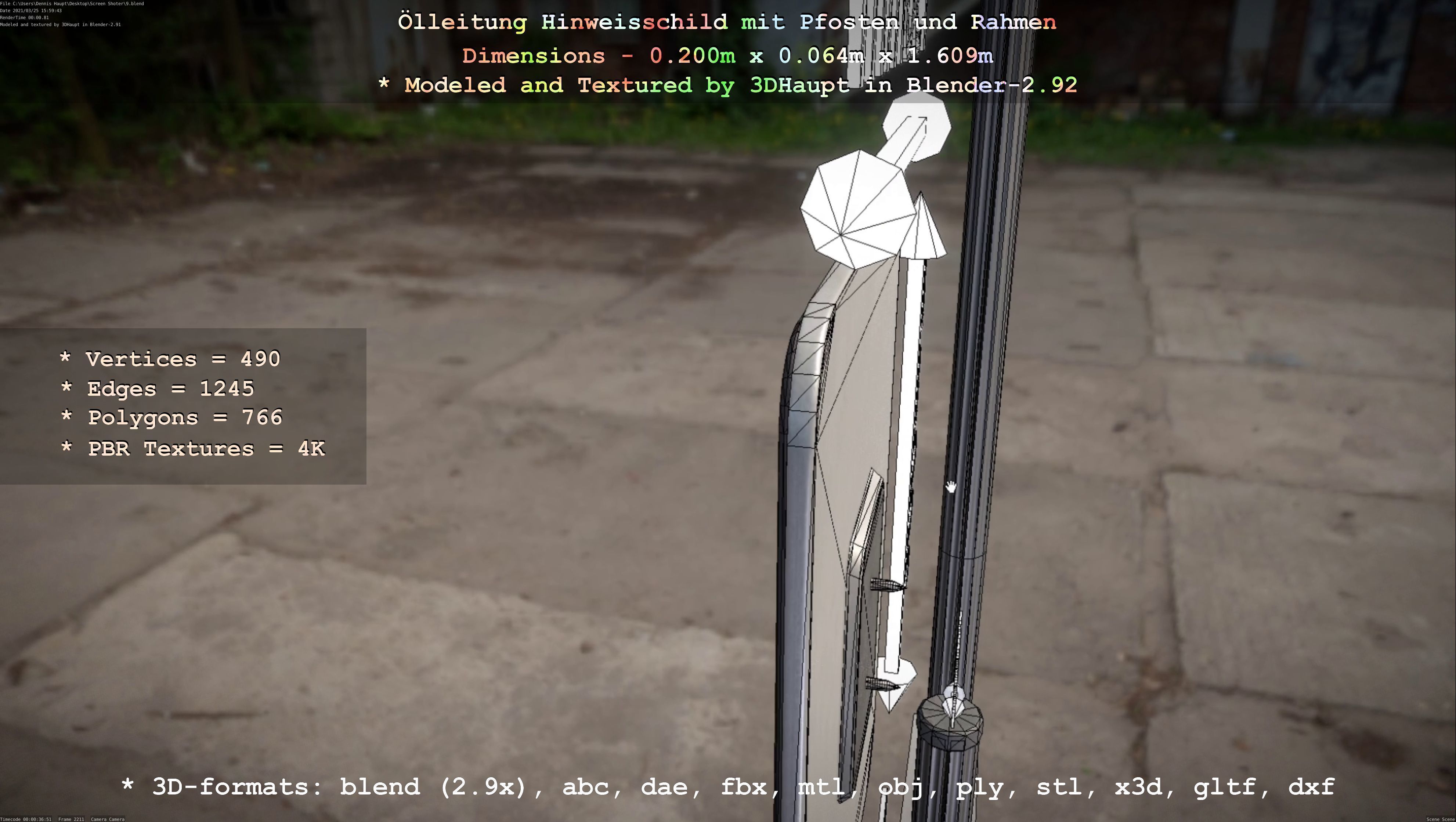 Hinweisschild Oelleitung mit Pfosten und Rahmen Low-poly 3D model_6