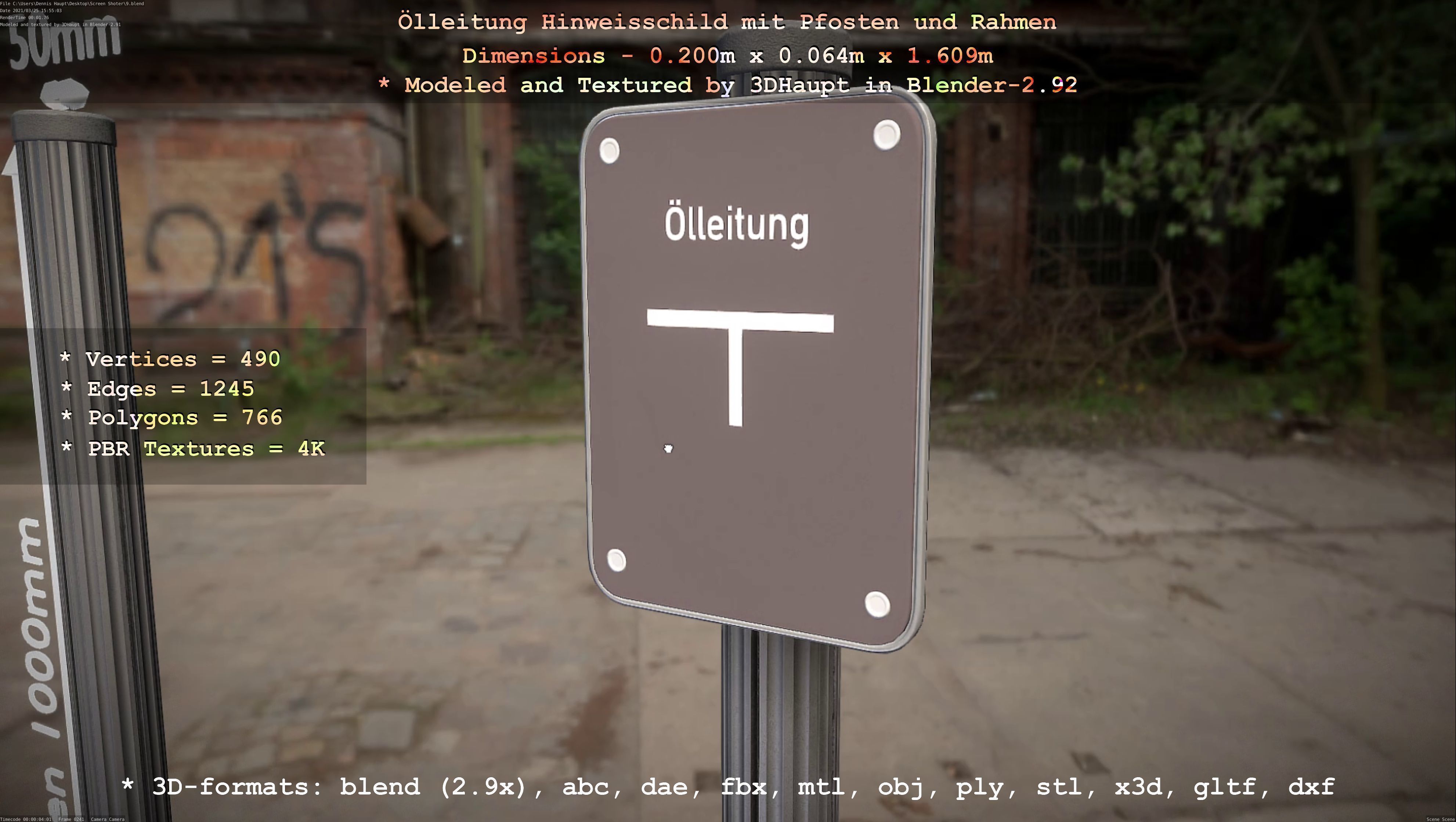 Hinweisschild Oelleitung mit Pfosten und Rahmen Low-poly 3D model_86