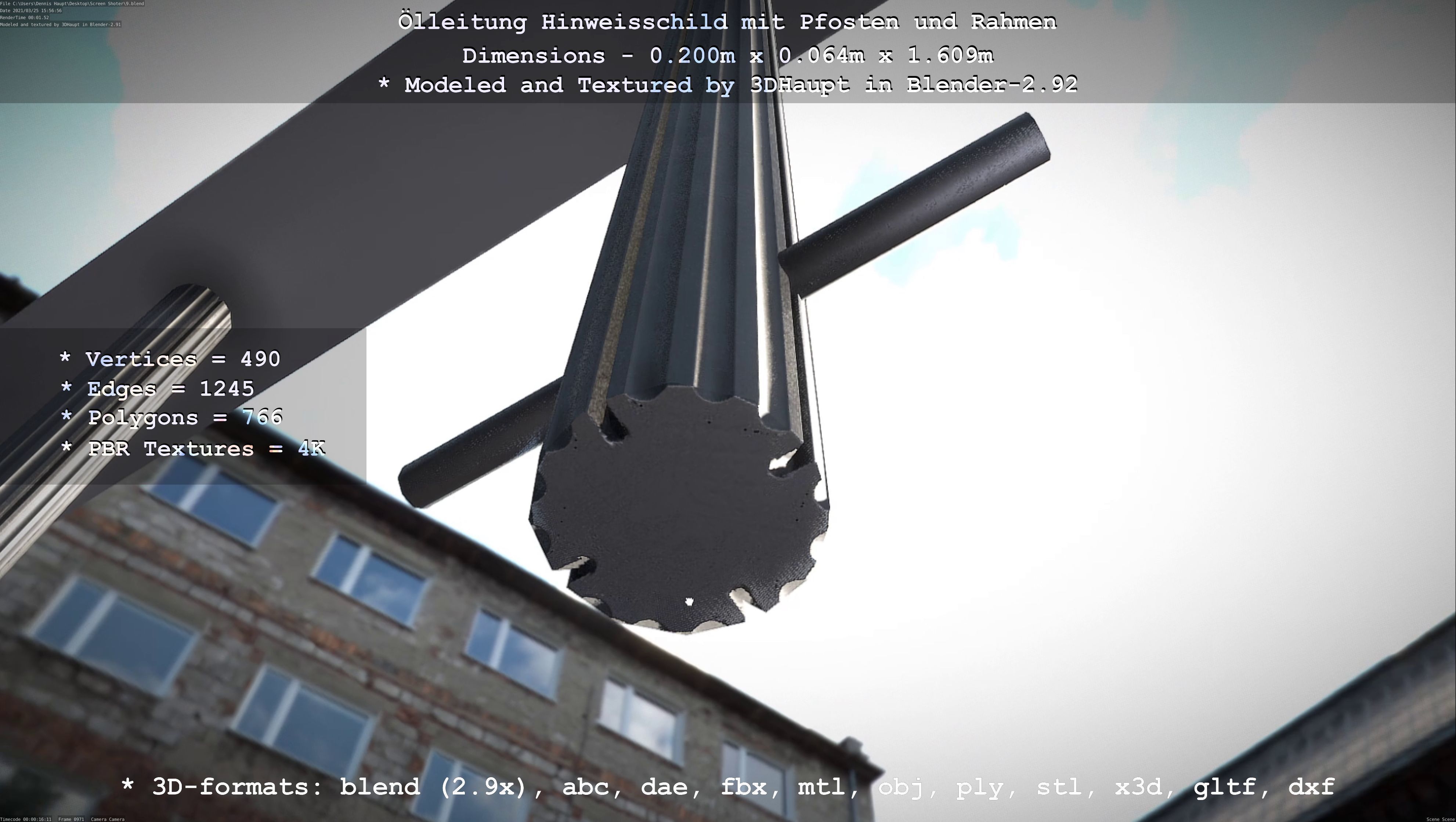 Hinweisschild Oelleitung mit Pfosten und Rahmen Low-poly 3D model_107