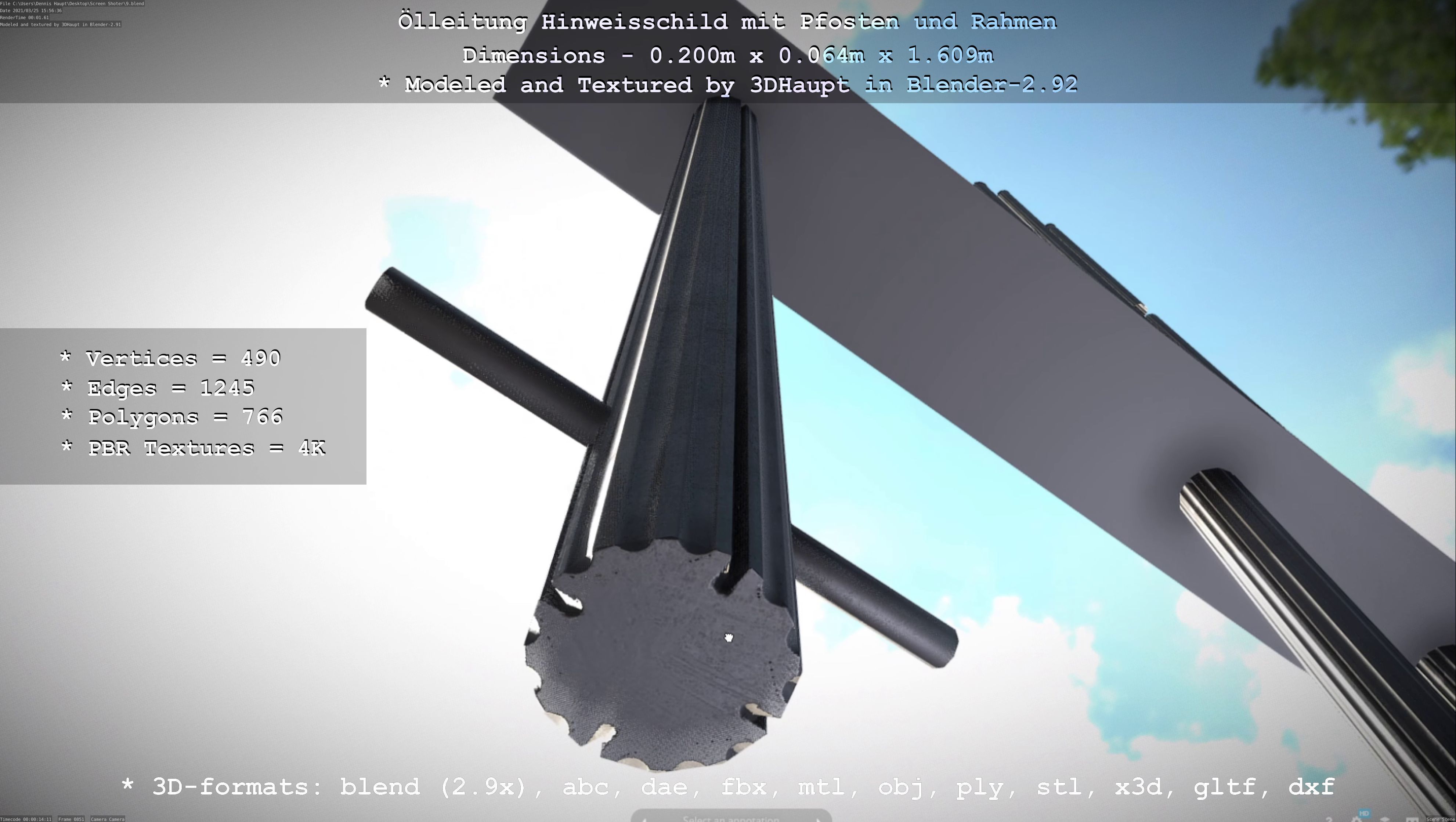 Hinweisschild Oelleitung mit Pfosten und Rahmen Low-poly 3D model_108