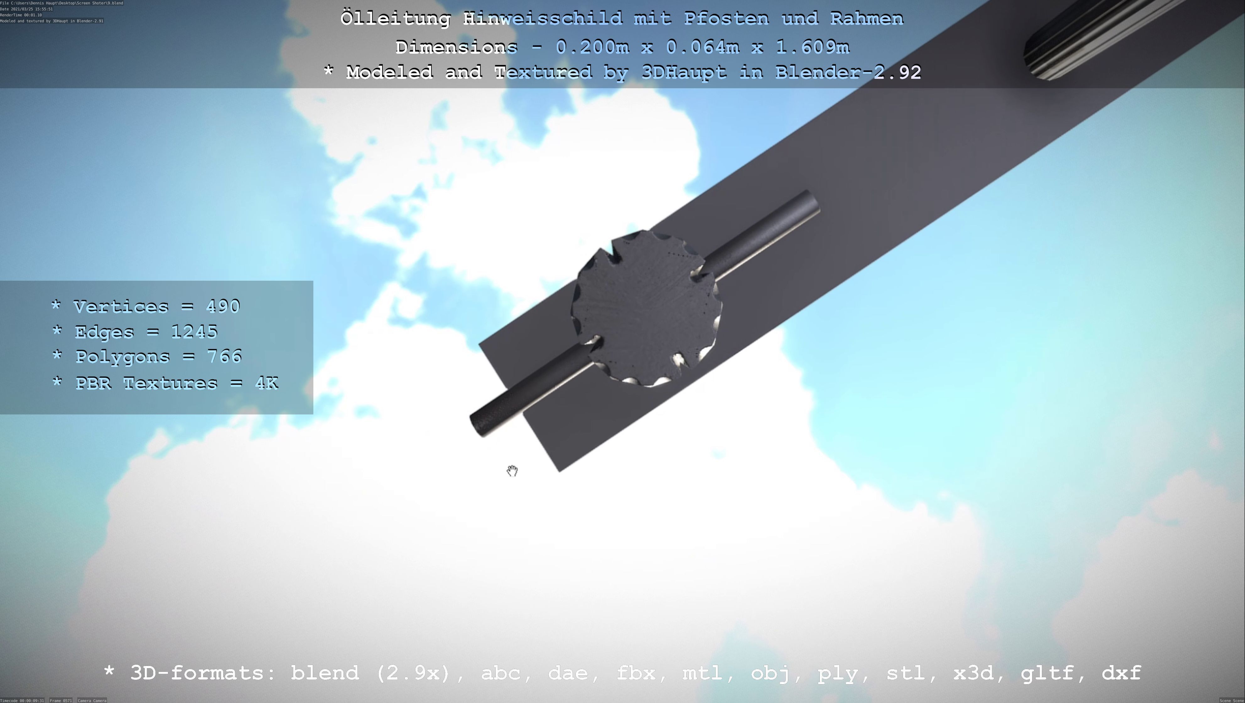 Hinweisschild Oelleitung mit Pfosten und Rahmen Low-poly 3D model_87