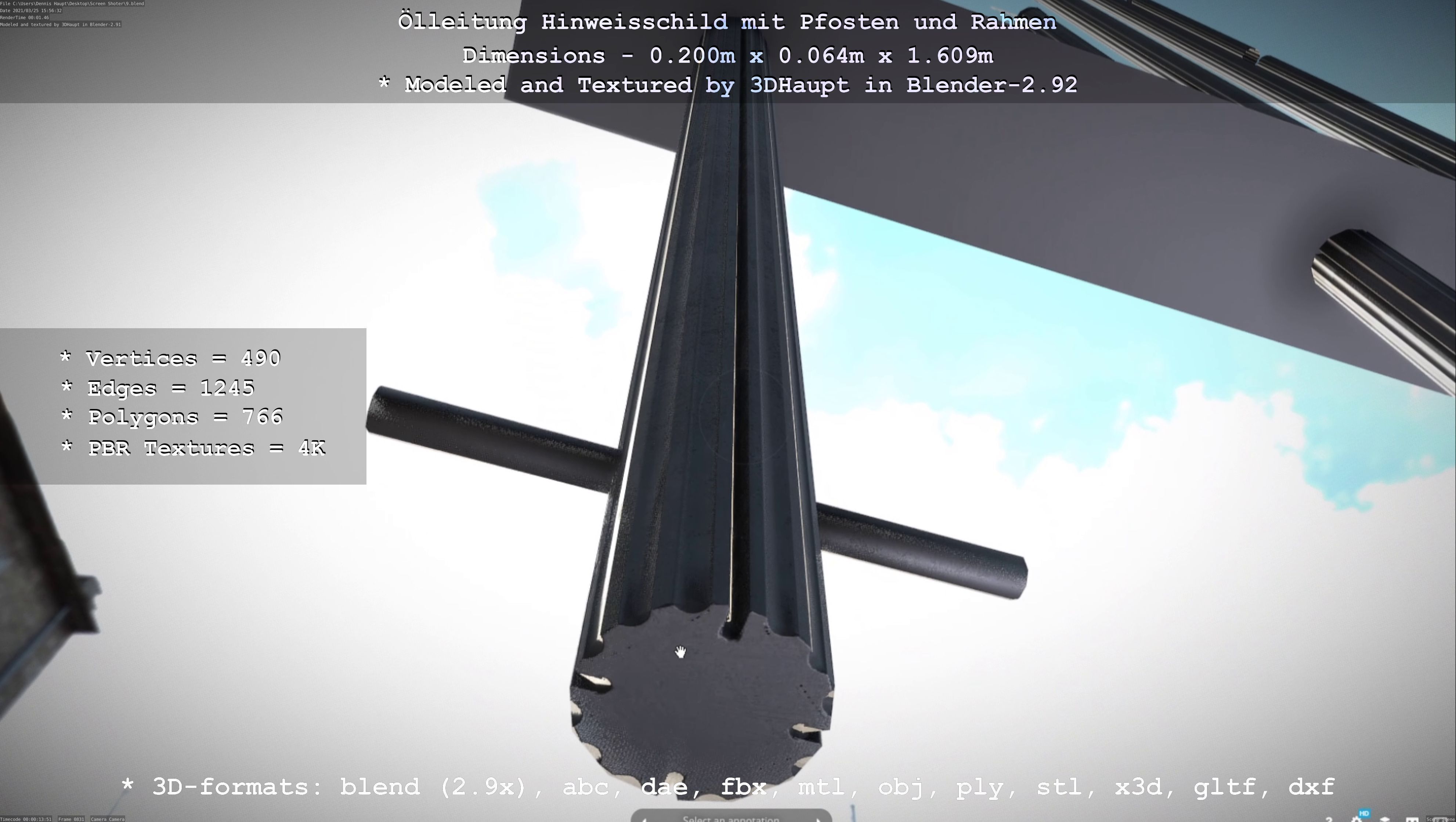 Hinweisschild Oelleitung mit Pfosten und Rahmen Low-poly 3D model_105