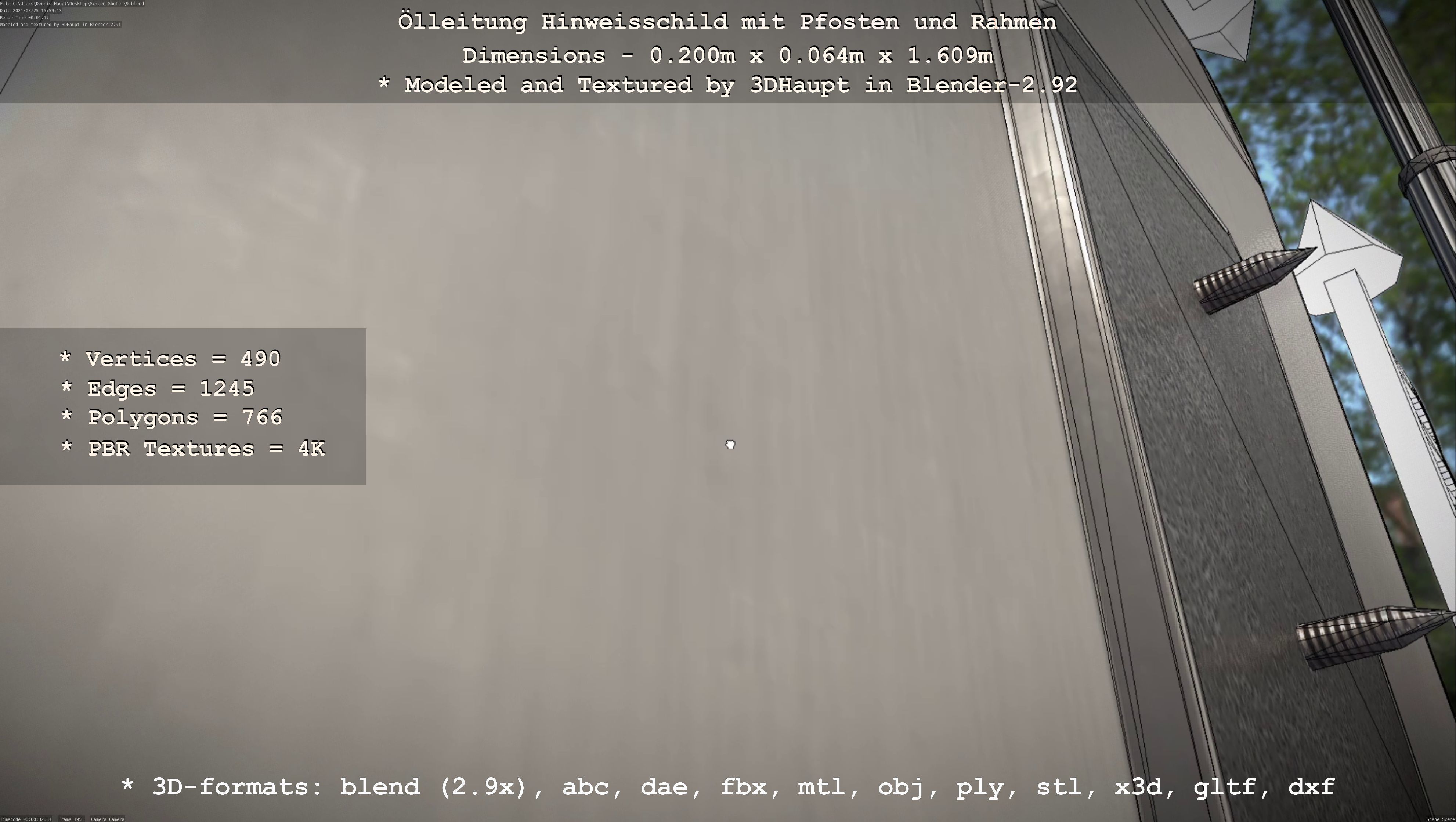 Hinweisschild Oelleitung mit Pfosten und Rahmen Low-poly 3D model_52