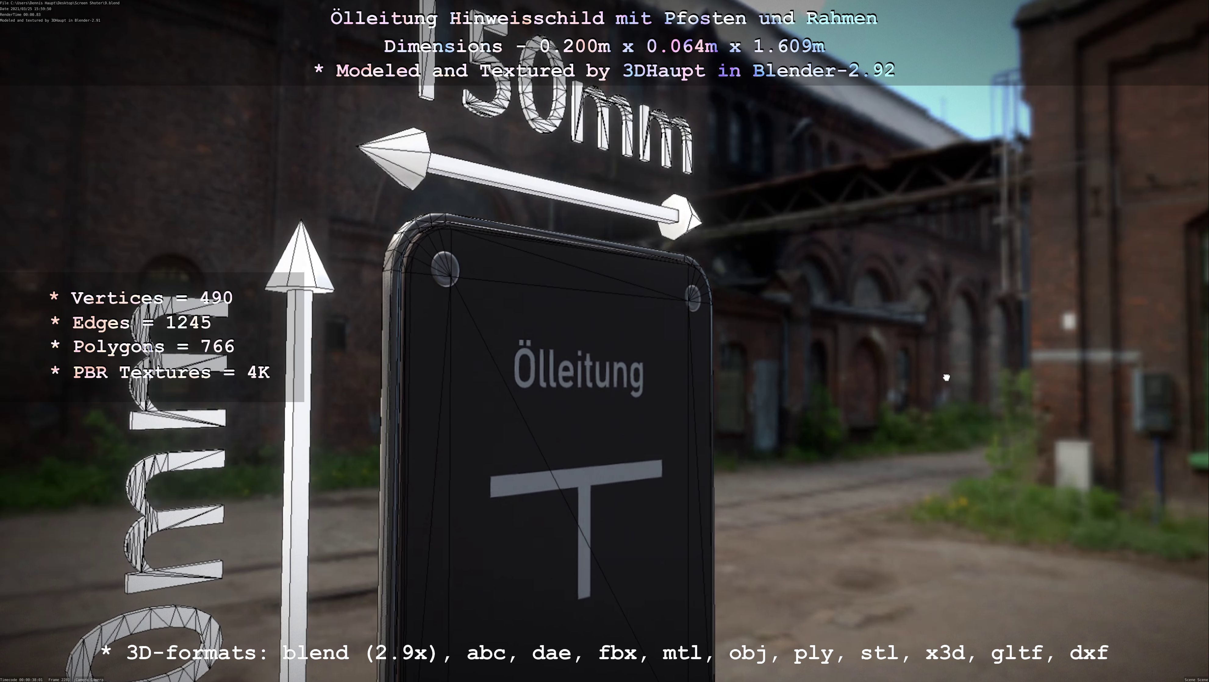Hinweisschild Oelleitung mit Pfosten und Rahmen Low-poly 3D model_37