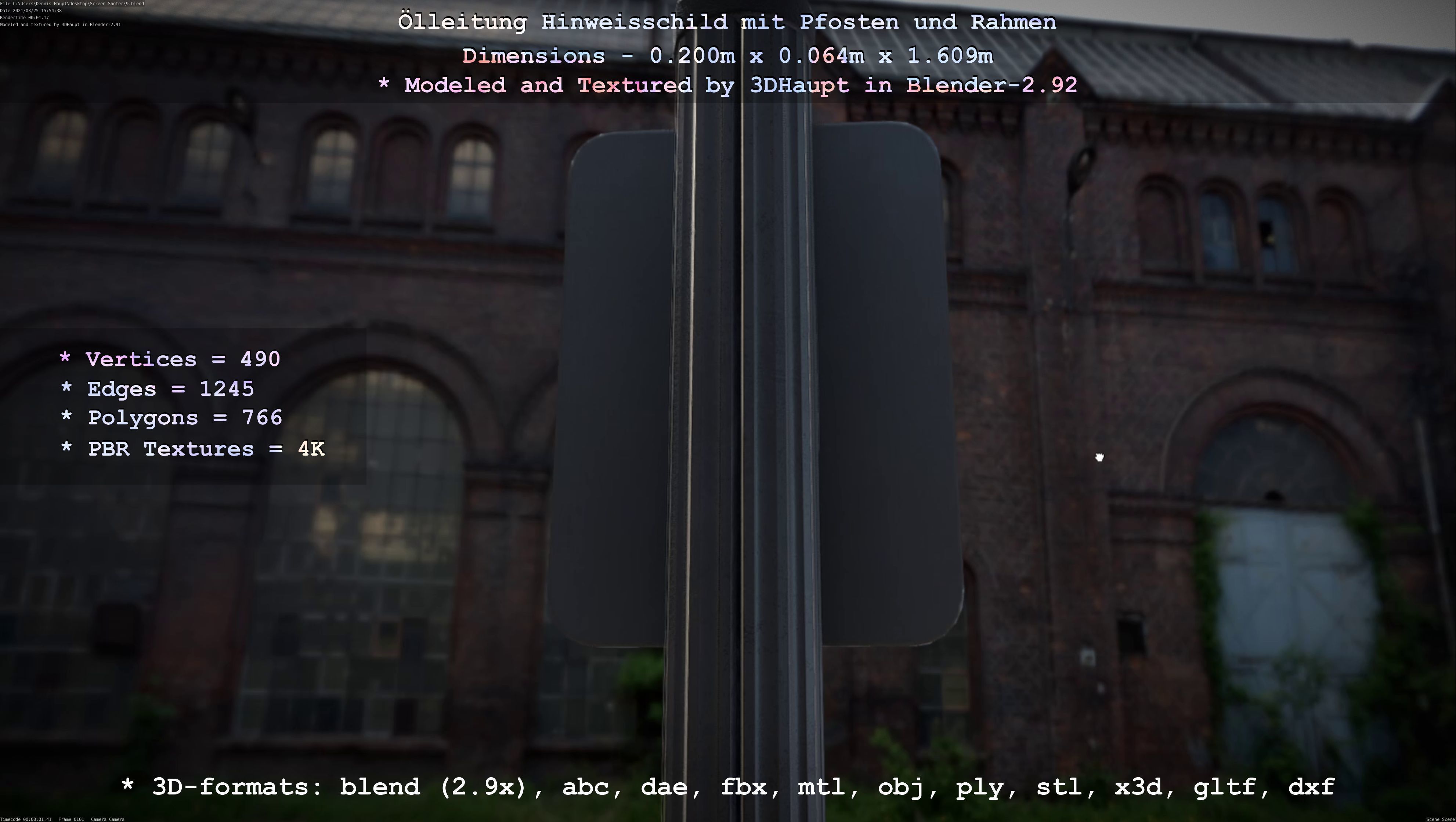 Hinweisschild Oelleitung mit Pfosten und Rahmen Low-poly 3D model_18