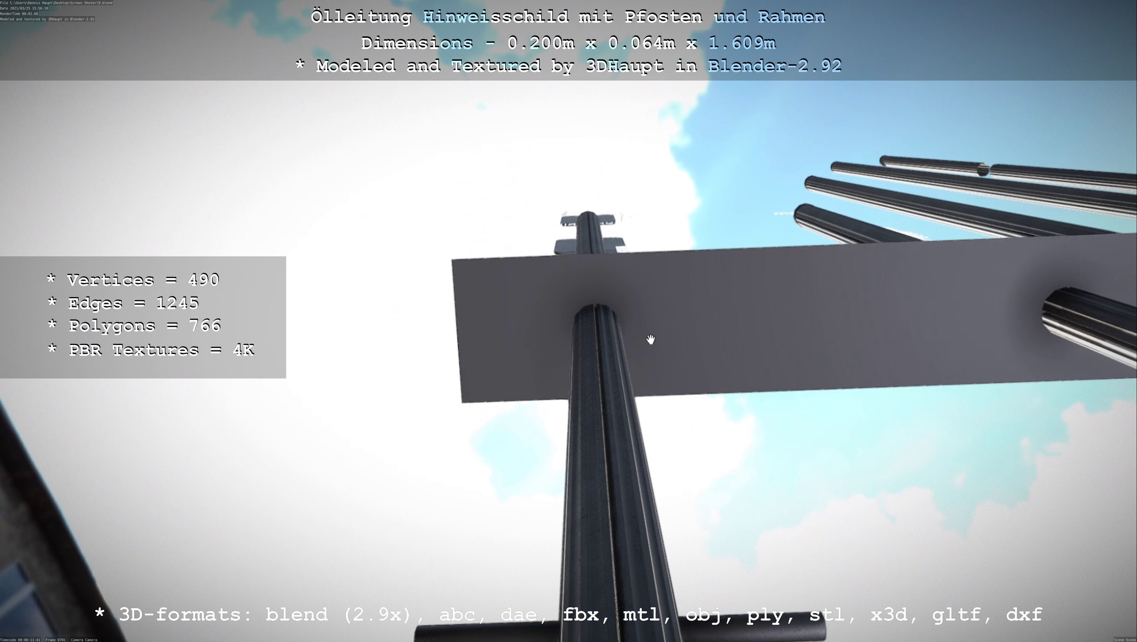 Hinweisschild Oelleitung mit Pfosten und Rahmen Low-poly 3D model_25