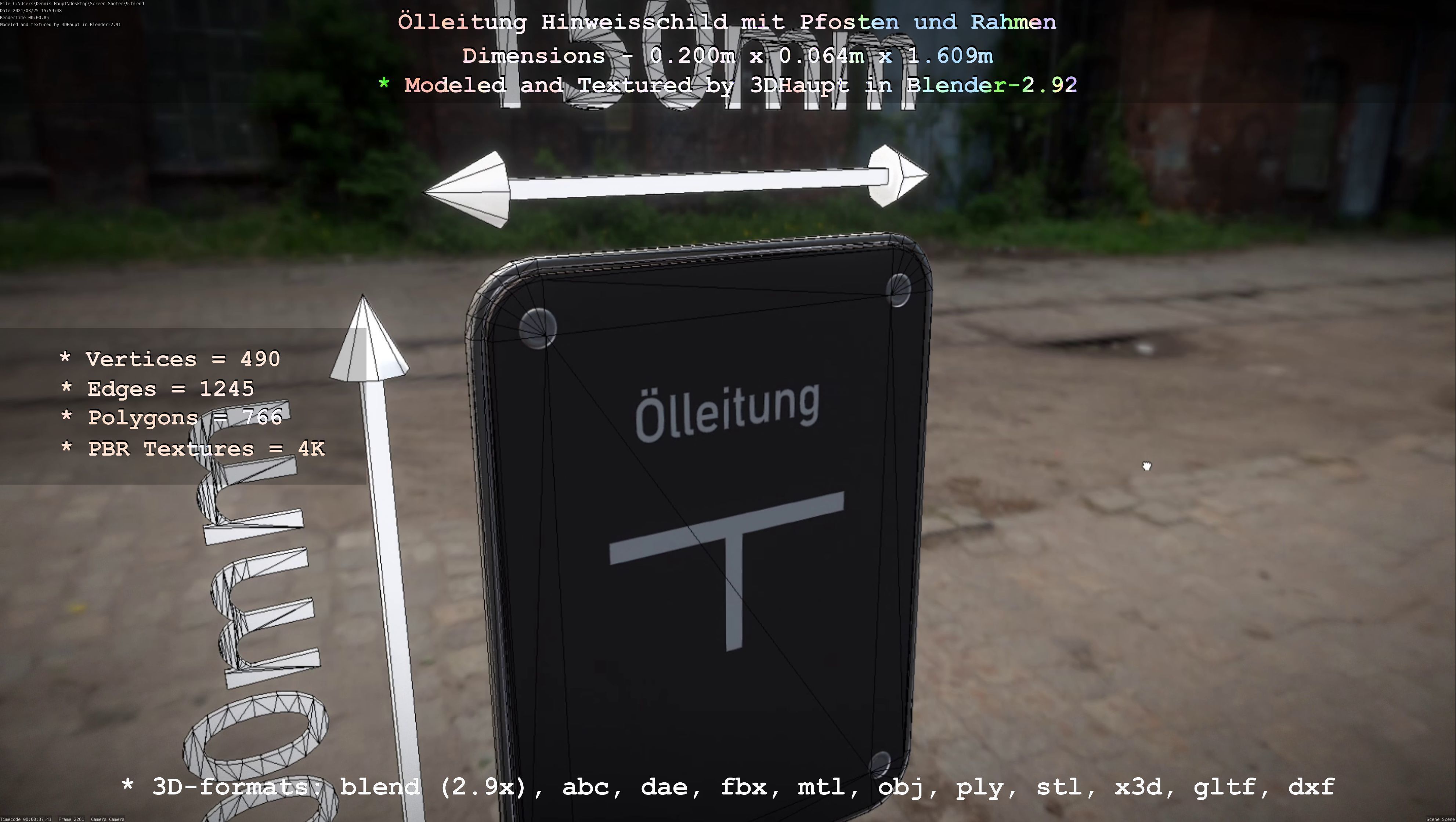 Hinweisschild Oelleitung mit Pfosten und Rahmen Low-poly 3D model_36
