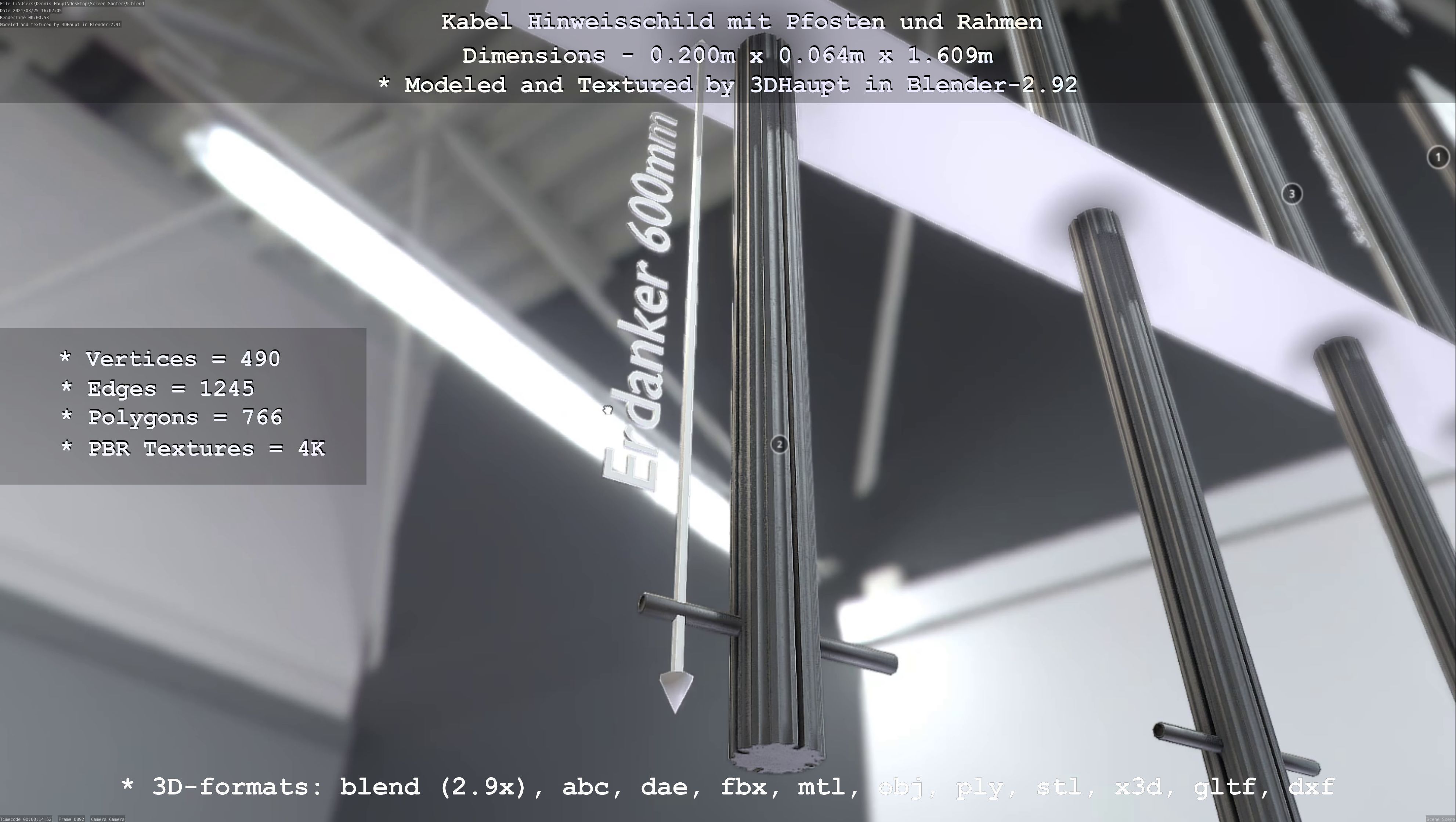 Hinweisschild Kabel mit Pfosten und Rahmen Low-poly 3D model_83