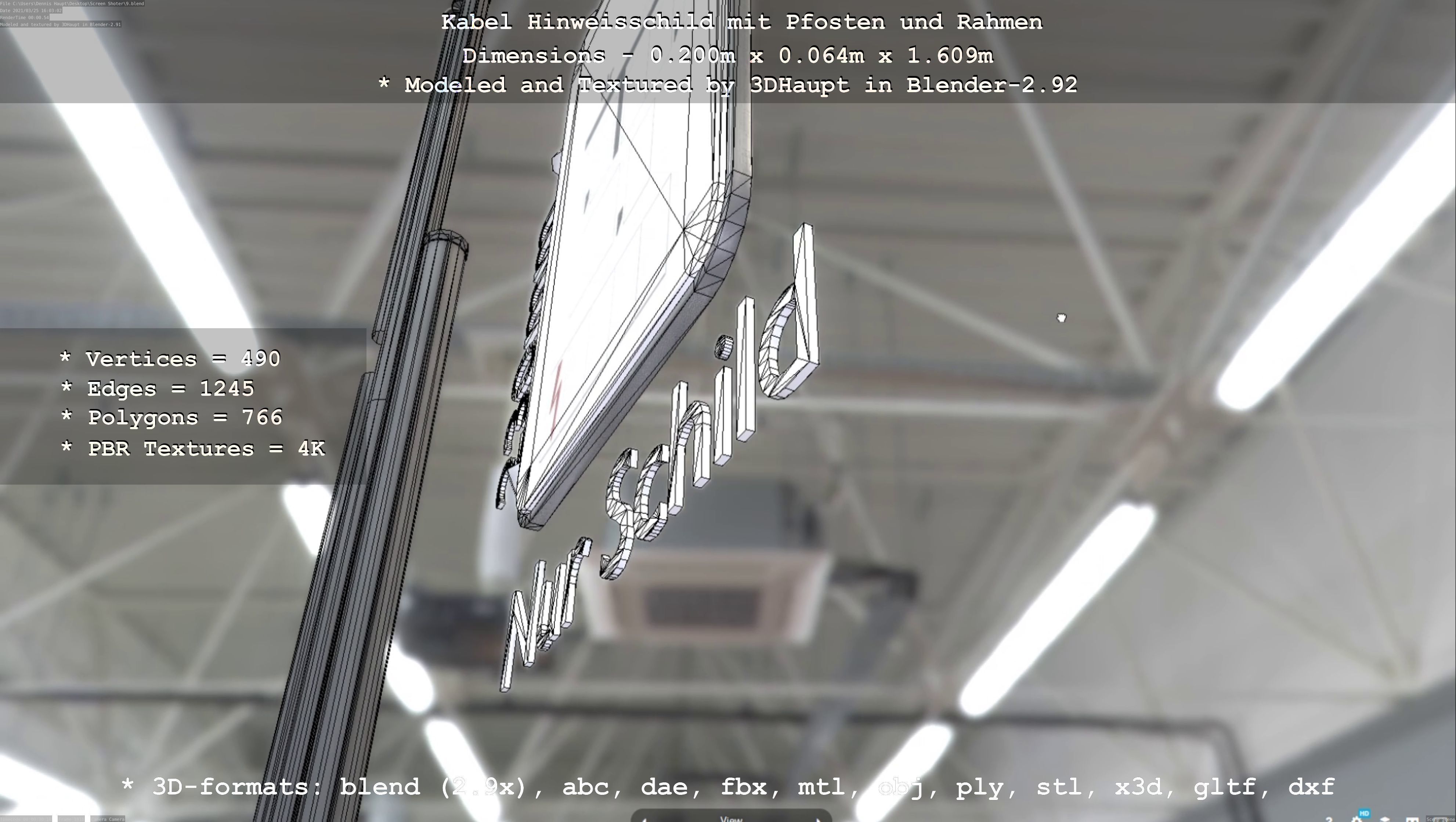 Hinweisschild Kabel mit Pfosten und Rahmen Low-poly 3D model_71