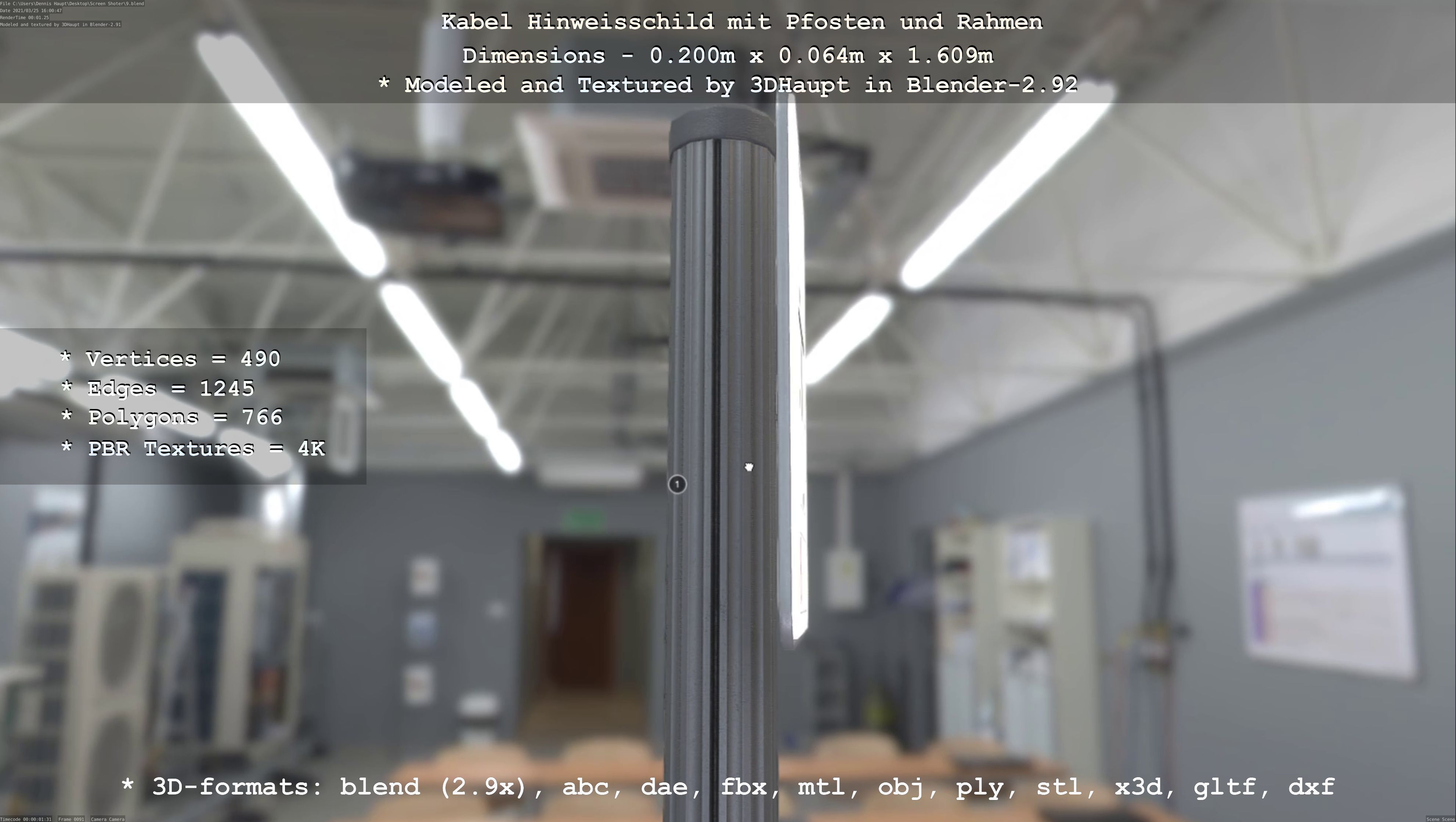 Hinweisschild Kabel mit Pfosten und Rahmen Low-poly 3D model_28