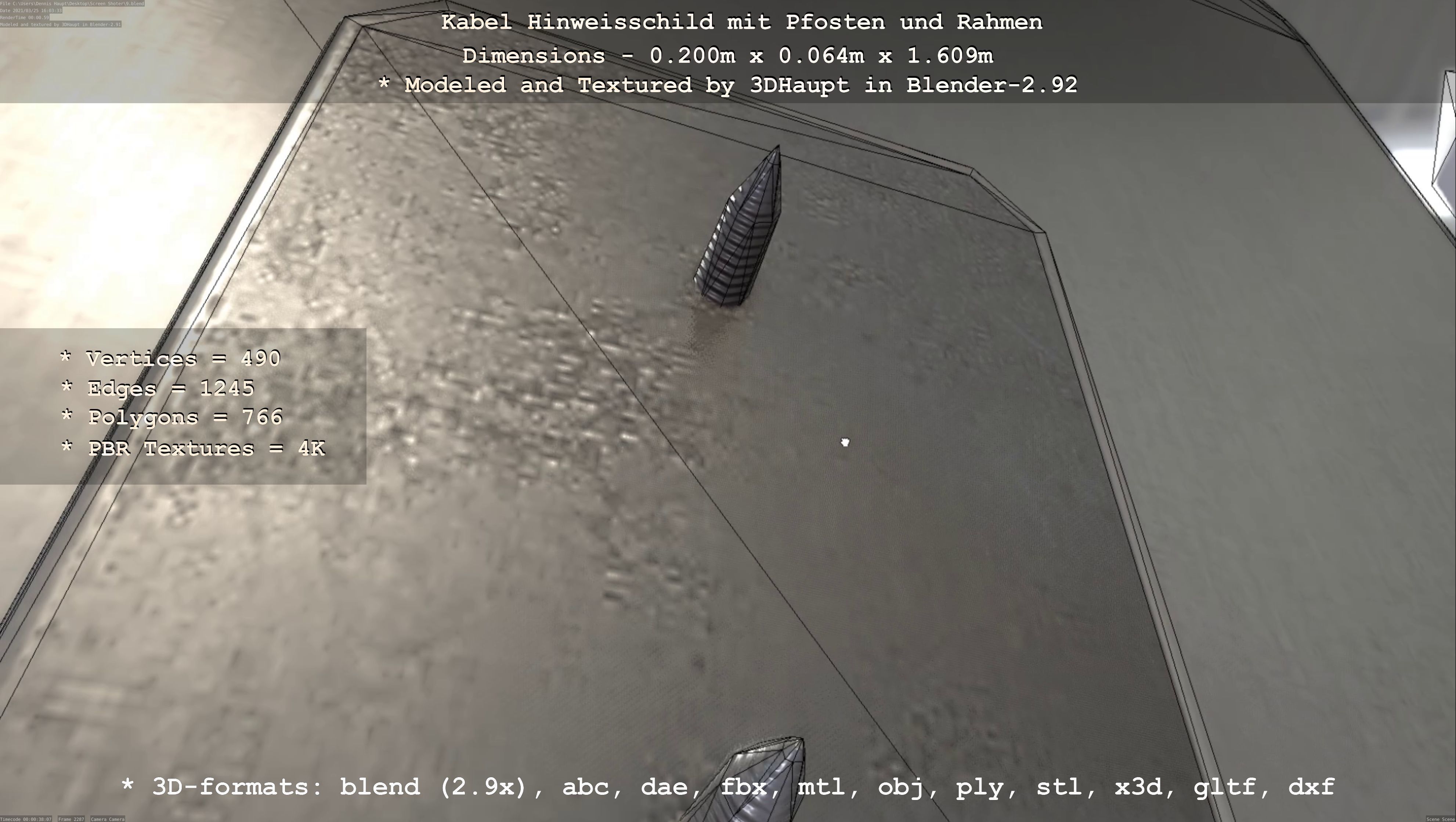 Hinweisschild Kabel mit Pfosten und Rahmen Low-poly 3D model_64