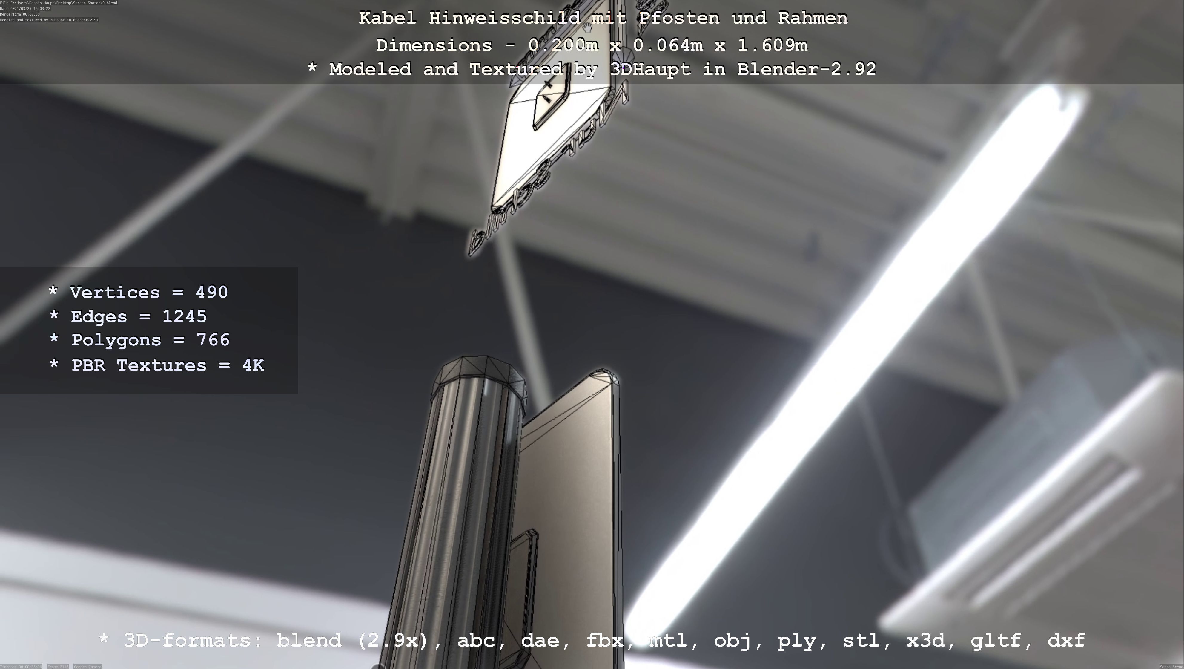 Hinweisschild Kabel mit Pfosten und Rahmen Low-poly 3D model_33