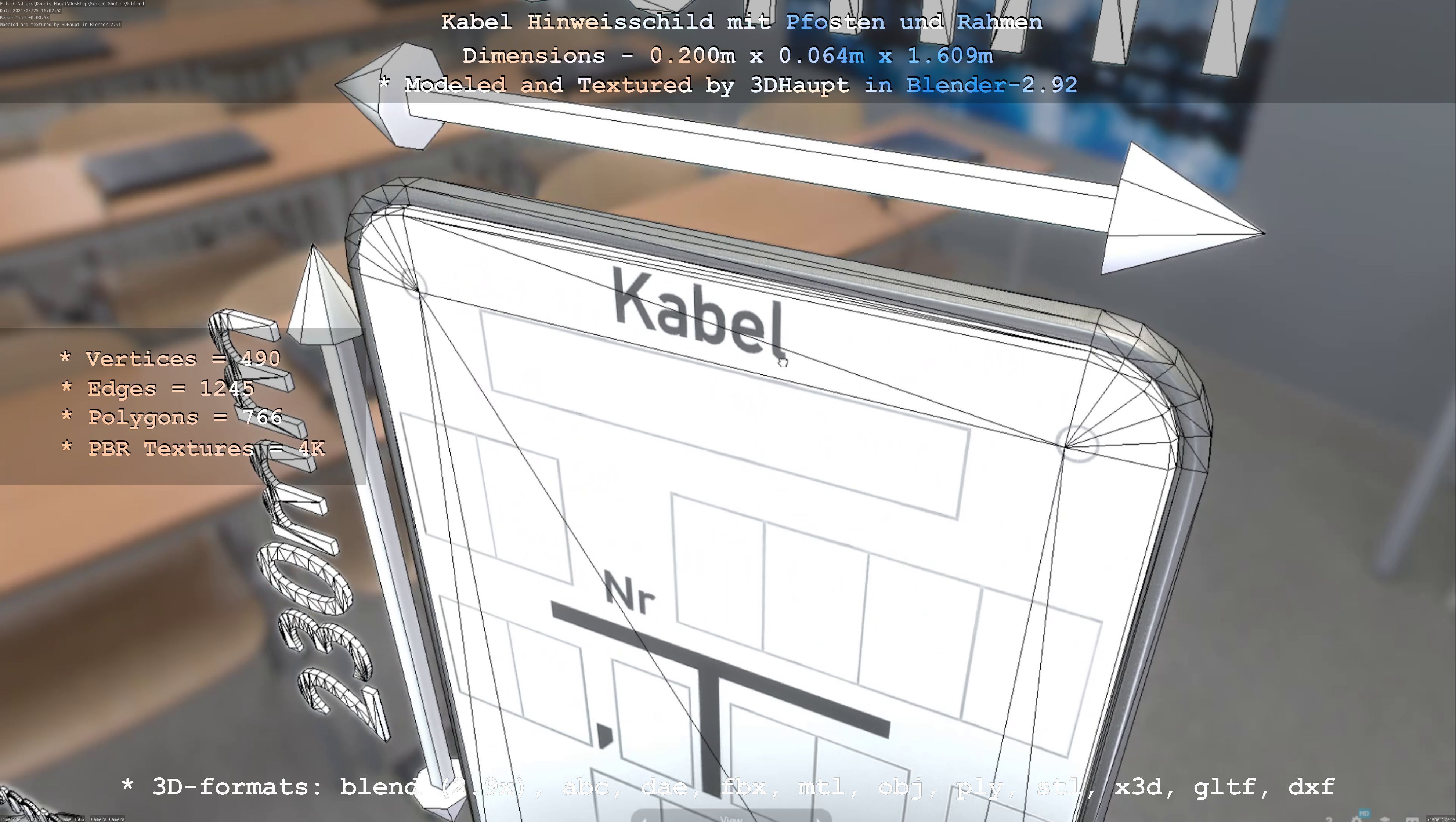 Hinweisschild Kabel mit Pfosten und Rahmen Low-poly 3D model_52