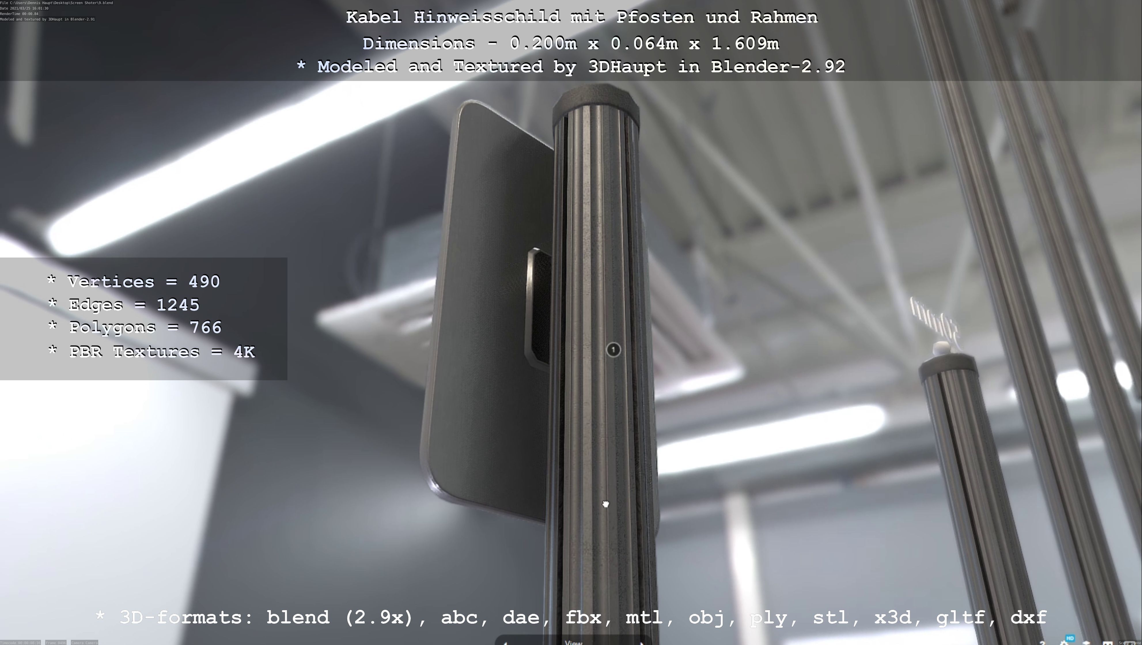 Hinweisschild Kabel mit Pfosten und Rahmen Low-poly 3D model_125