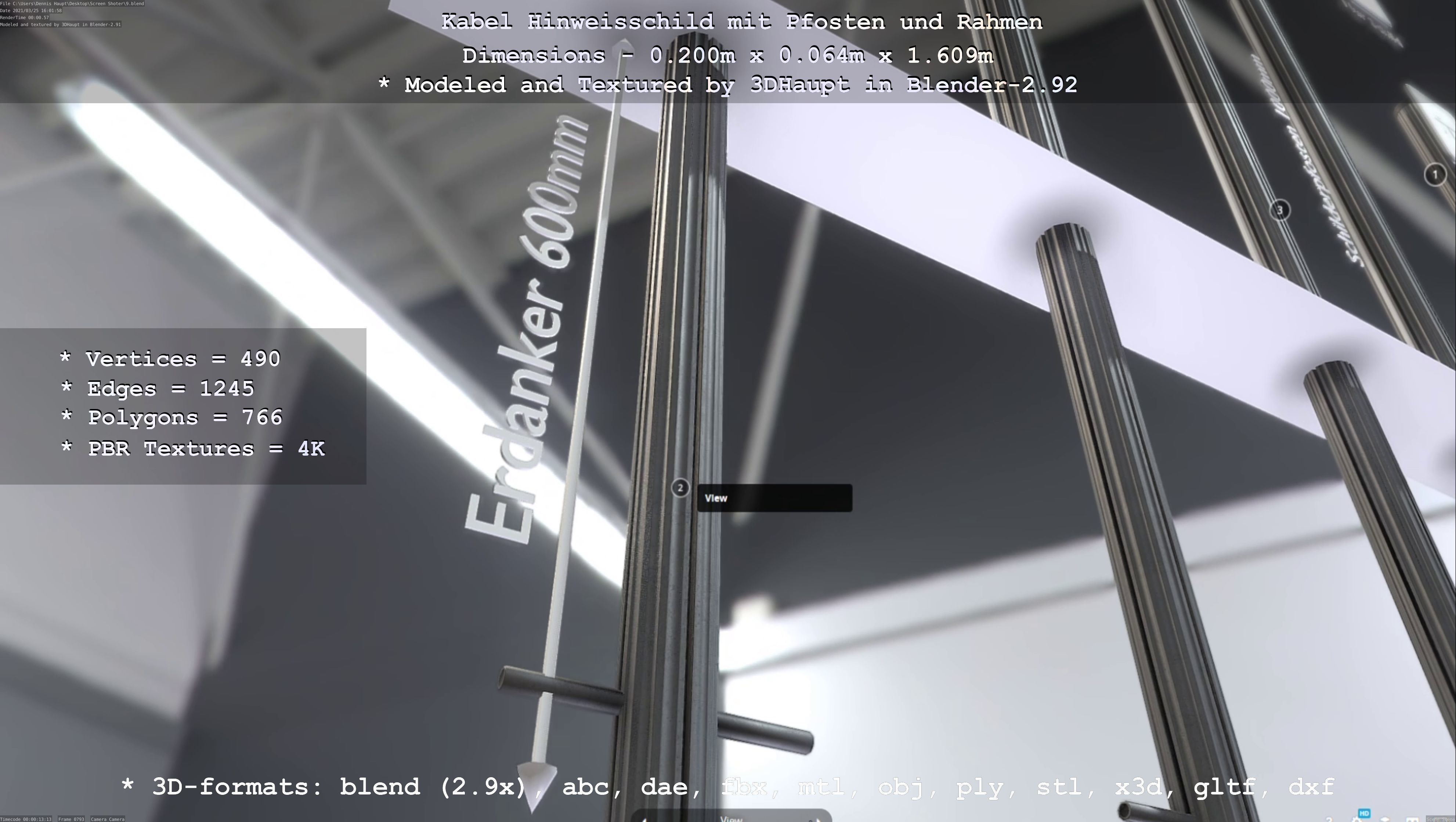 Hinweisschild Kabel mit Pfosten und Rahmen Low-poly 3D model_70